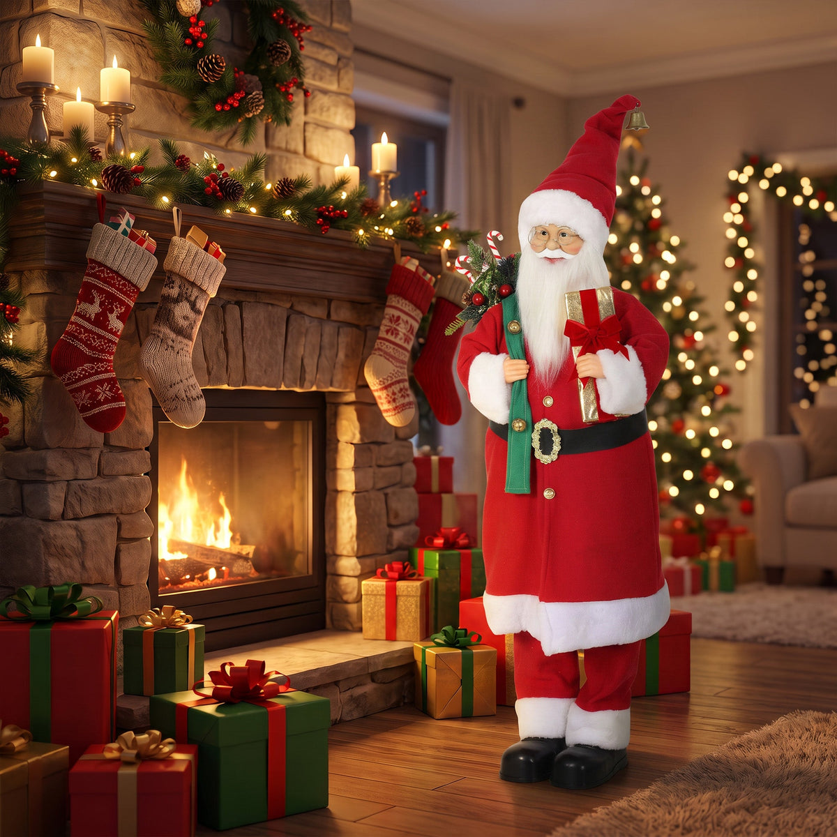 4ft Life Size Singing Dancing Santa Claus, 120 cm Standing Musical Animated Santa with Gift and Sack, Handcrafted, Sound Touch Activated, Moving Christmas Figure Decoration