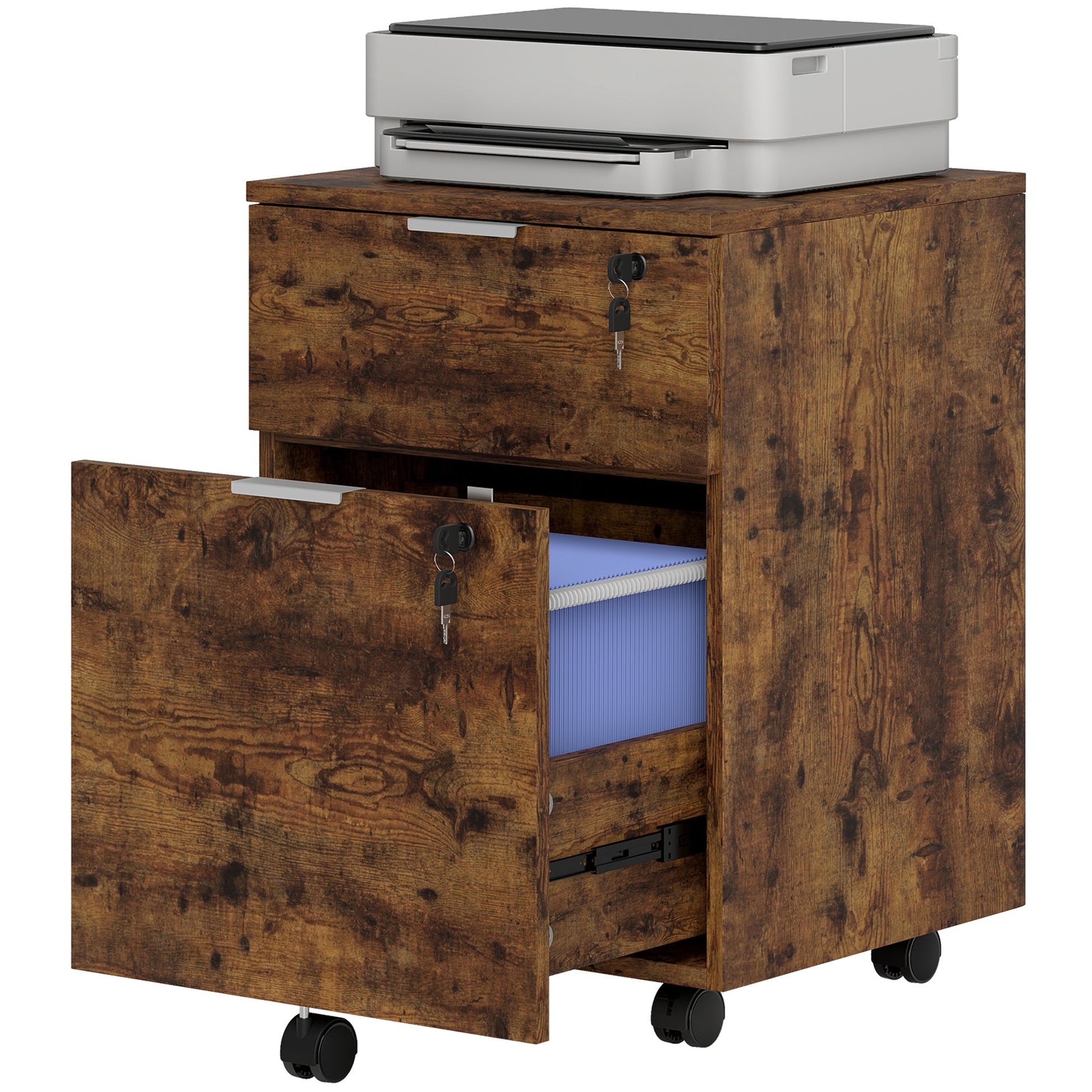 Mobile File Cabinet with Wheels and Lock, 2 Drawer Under Desk Office Cabinet, Adjustable A4 and Letter Hanging Bars, Black and Rustic Brown