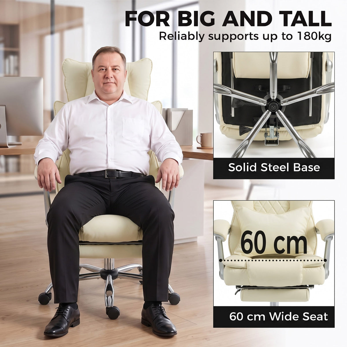 Executive Office Chair, 180kg Big and Tall PU Leather Desk Chair with Adjustable Headrest, Lumbar Support, Wide Seat, Reclining Back, Footrest, Swivel Wheels, Beige