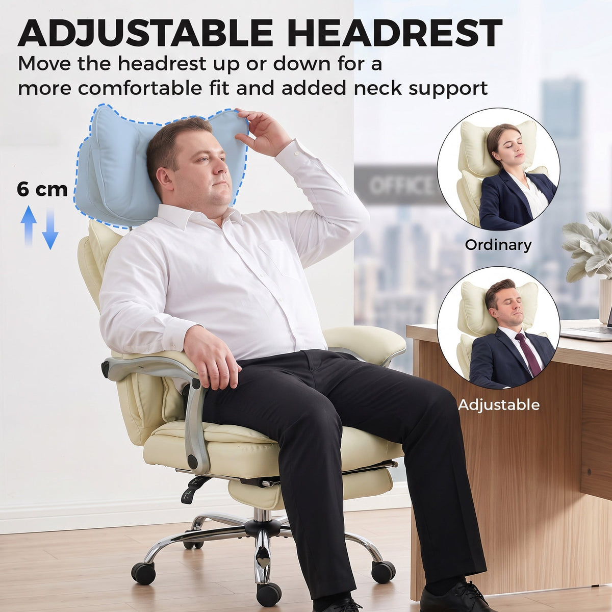 Executive Office Chair, 180kg Big and Tall PU Leather Desk Chair with Adjustable Headrest, Lumbar Support, Wide Seat, Reclining Back, Footrest, Swivel Wheels, Beige