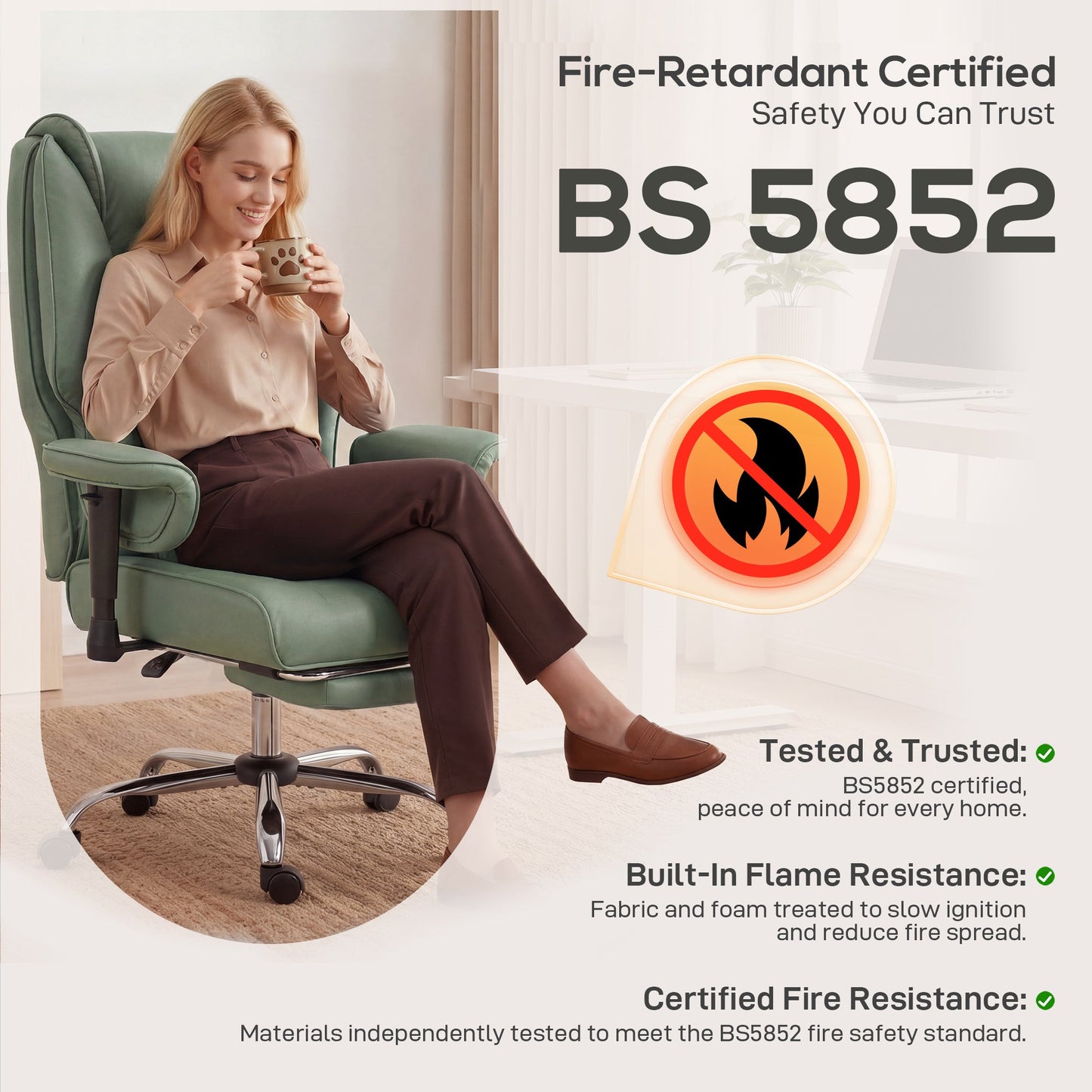 Executive Office Chair, Ergonomic Reclining Computer Desk Chair with Footrest, Adjustable Armrests, Spring Seat, High Back, Thick Cushion, Pet Friendly Faux Leather, Swivel, Green