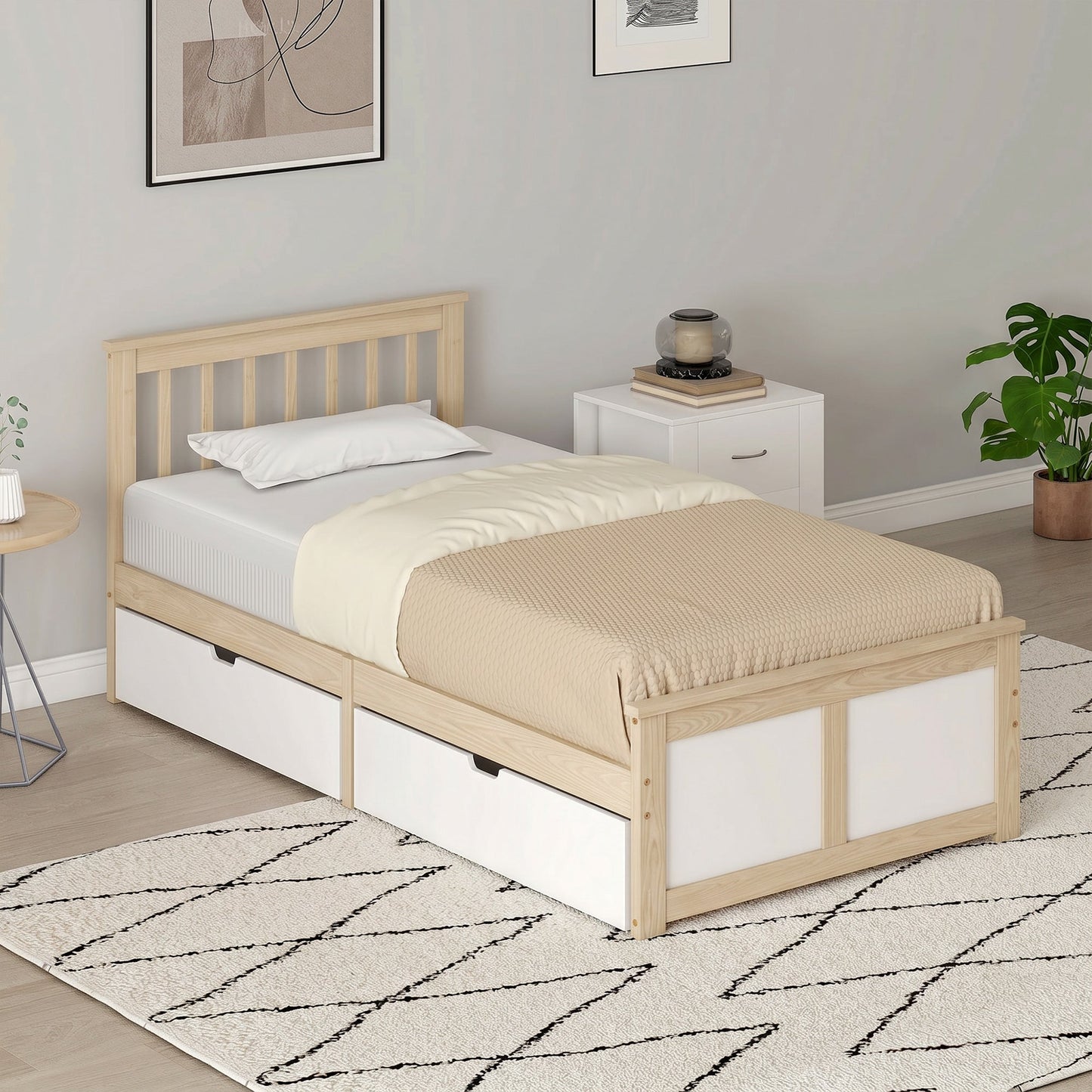 3ft Single Solid Wooden Bed Frame, Pine Storage Bed with Drawers, Headboard, Wood Slat Support, No Box Spring Needed, Easy Assembly, 90 x 190 cm, Natural Wood Finish
