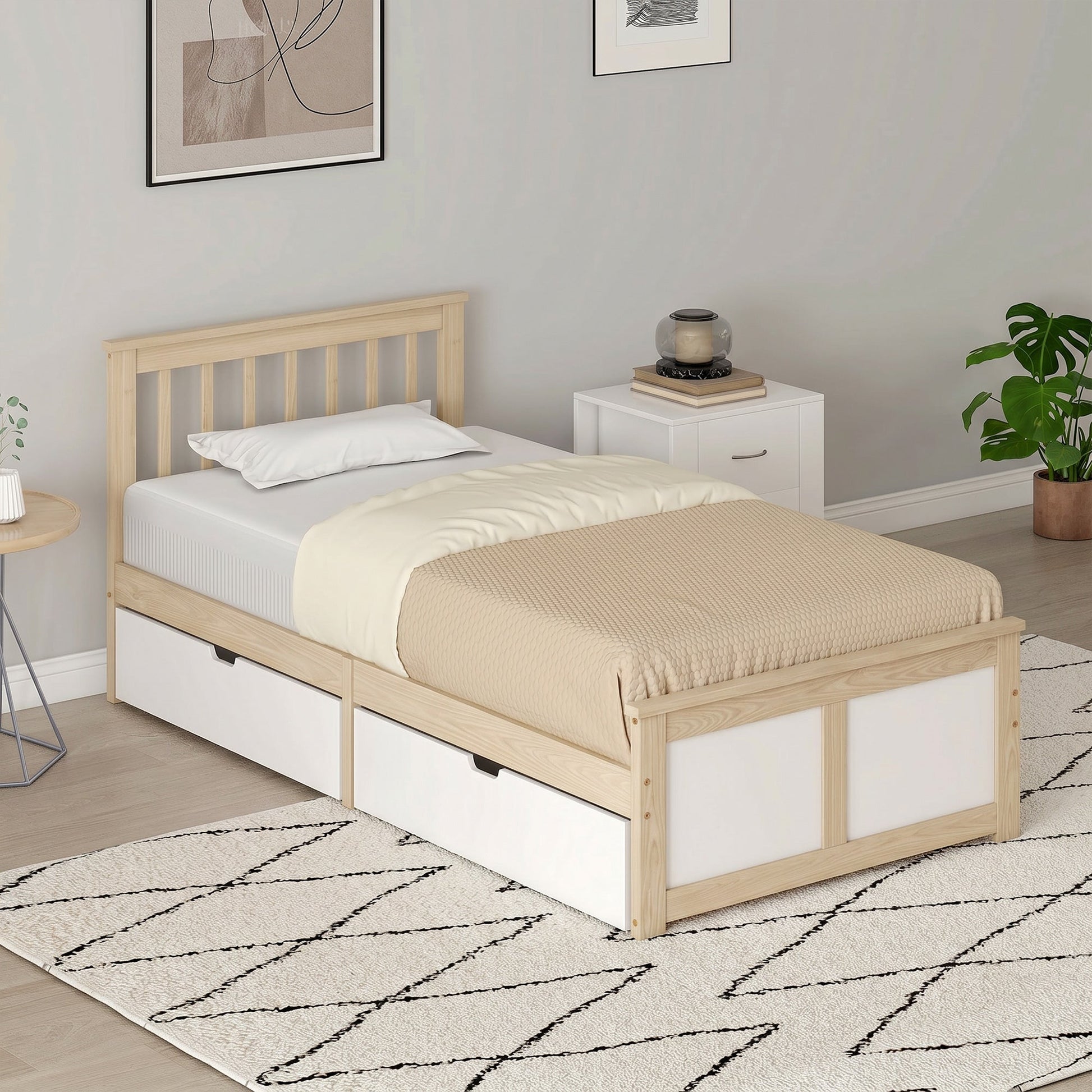 3ft Single Solid Wooden Bed Frame, Pine Storage Bed with Drawers, Headboard, Wood Slat Support, No Box Spring Needed, Easy Assembly, 90 x 190 cm, Natural Wood Finish