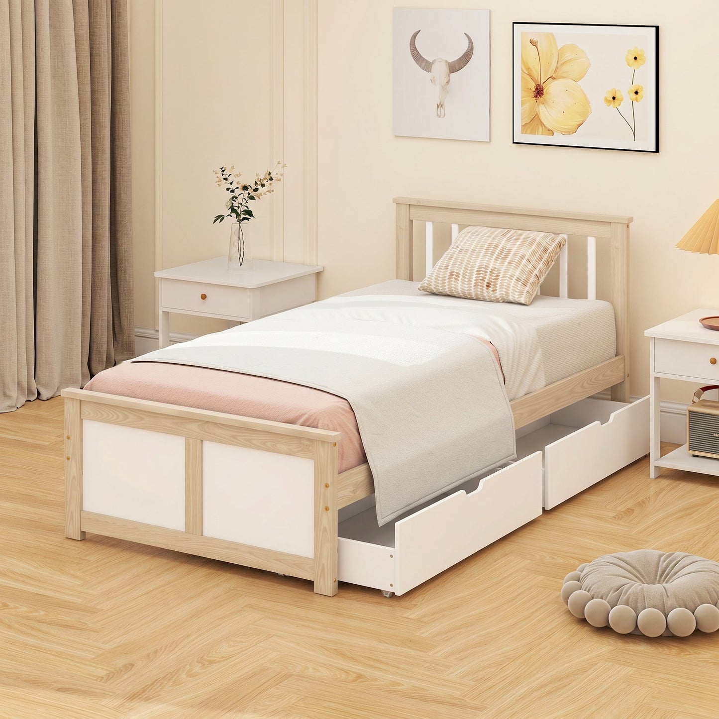 3ft Single Solid Wooden Bed Frame, Pine Storage Bed with Drawers, Headboard, Wood Slat Support, No Box Spring Needed, Easy Assembly, 90 x 190 cm, Natural Wood Finish