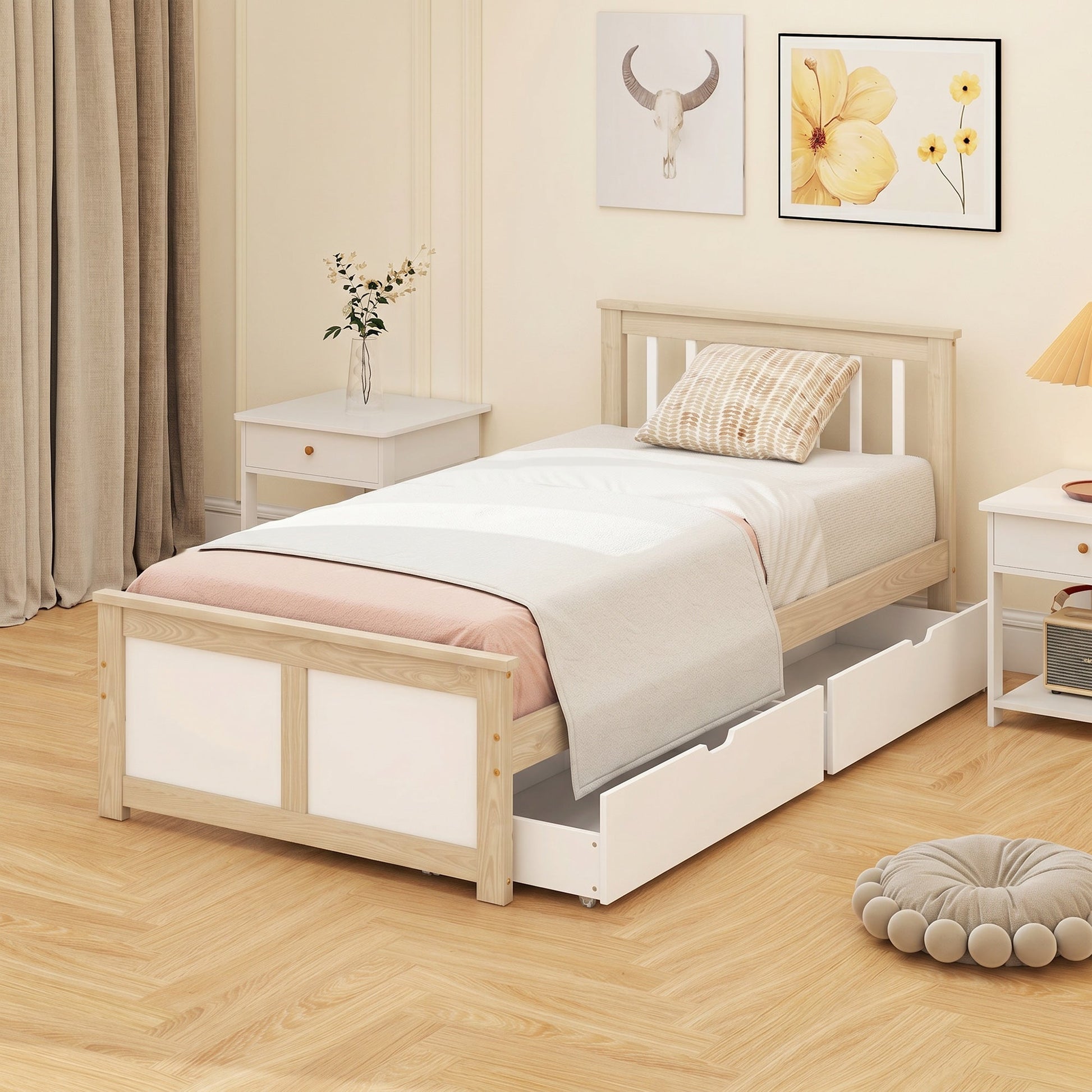 3ft Single Solid Wooden Bed Frame, Pine Storage Bed with Drawers, Headboard, Wood Slat Support, No Box Spring Needed, Easy Assembly, 90 x 190 cm, Natural Wood Finish