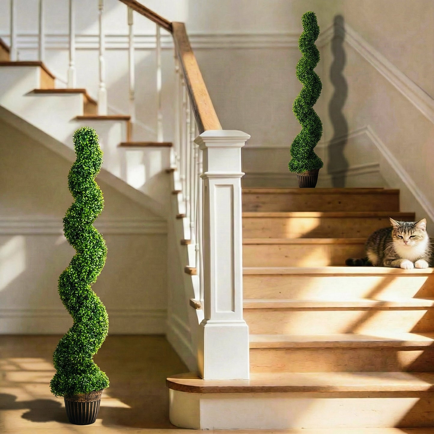 Set of 2 Decorative Artificial Plants Topiary Spiral Boxwood Trees in Pot, Fake Plants for Home Indoor Outdoor Decor, 150cm, Green