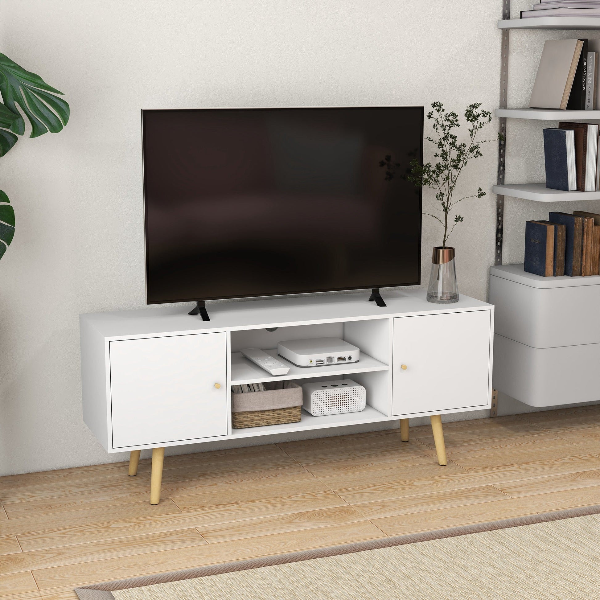 HOMCOM TV Unit Cabinet for TVs up to 55 Inches, TV Stand with Storage Shelves and Wood Legs for Living Room, White