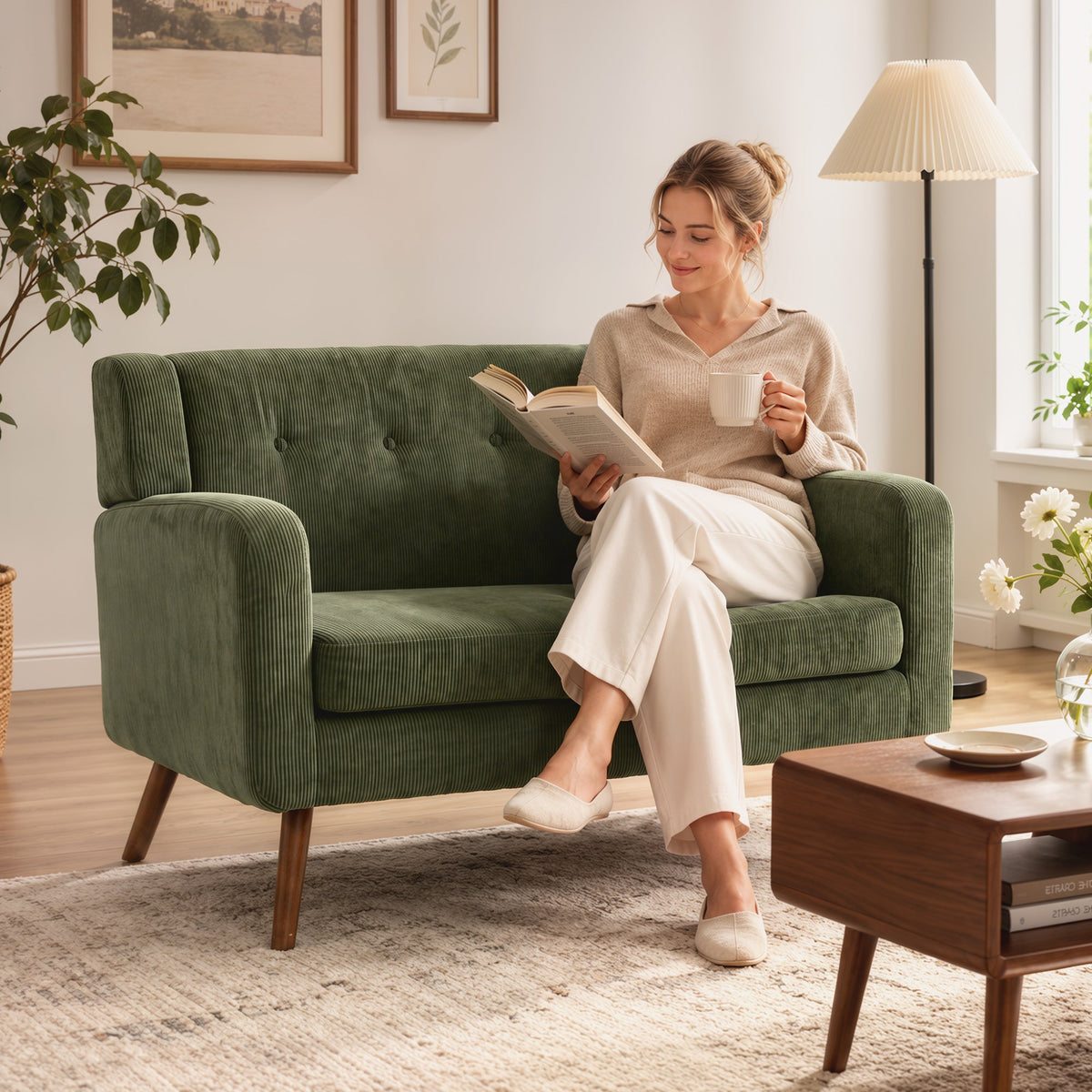 2 Seater Sofa, 118 cm Corduroy Small Sofa with Spring Cushion, Compact Tufted Loveseat Sofa Settee with Wooden Legs for Small Space, Living Room, Bedroom, Home Office, Dark Green