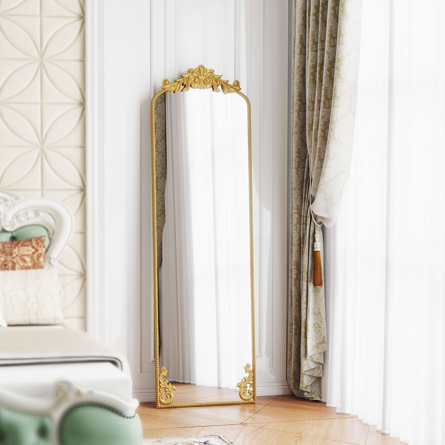 Full Length Mirror, 50 x 160 cm Hanging or Leaning Against Wall Floor Mirror with Baroque Metal Frame for Bedroom, Living Room, Dressing Room, Gold Tone