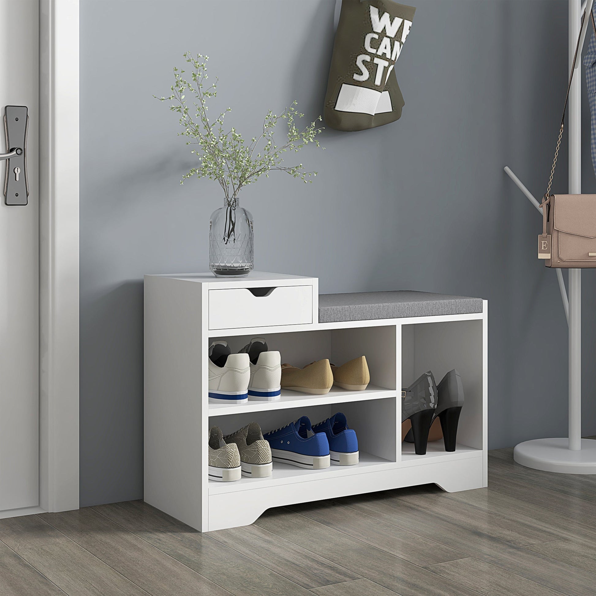 HOMCOM Shoe Storage Bench, Shoe Rack Bench with Seating Cushion, Drawer, 3 Open Compartments and Table Top for Entryway, Hallway, White