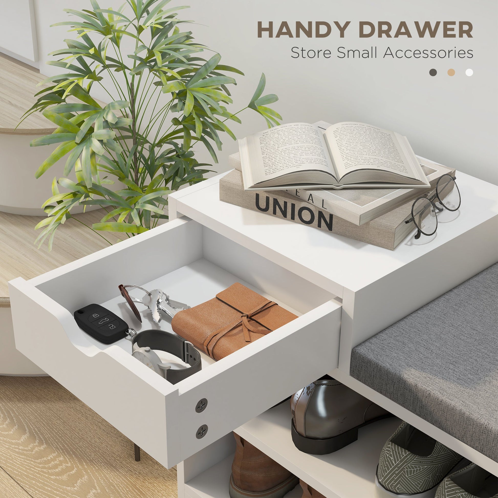 HOMCOM Shoe Storage Bench, Shoe Rack Bench with Seating Cushion, Drawer, 3 Open Compartments and Table Top for Entryway, Hallway, White