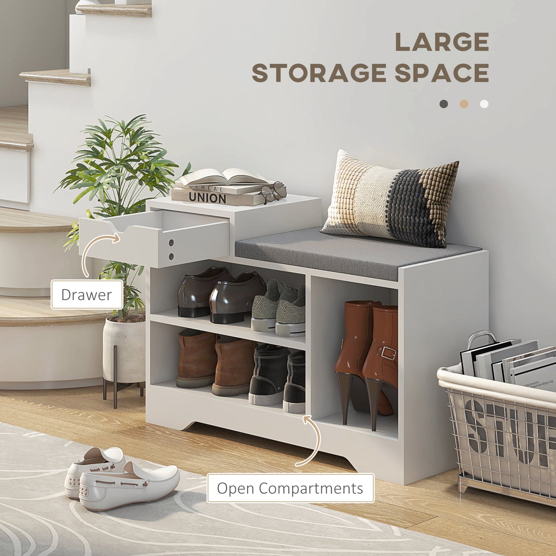 HOMCOM Shoe Storage Bench, Shoe Rack Bench with Seating Cushion, Drawer, 3 Open Compartments and Table Top for Entryway, Hallway, White
