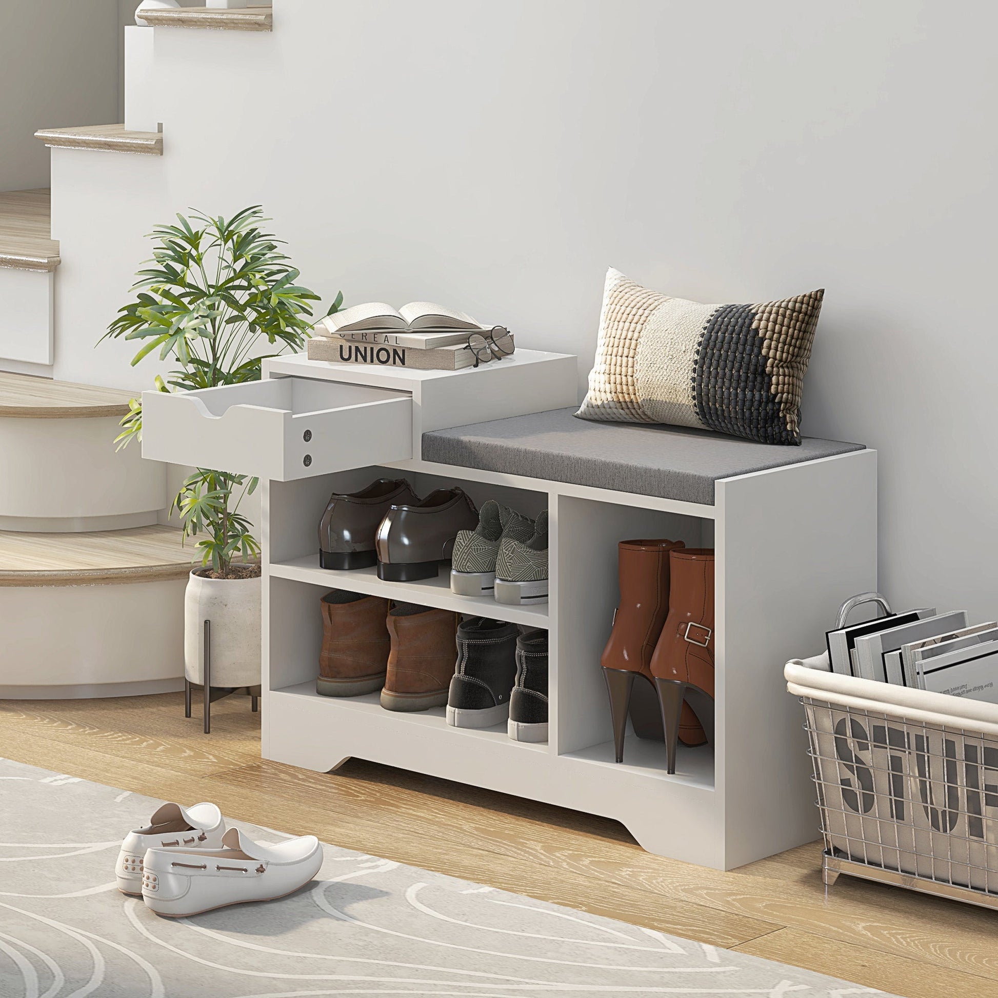 HOMCOM Shoe Storage Bench, Shoe Rack Bench with Seating Cushion, Drawer, 3 Open Compartments and Table Top for Entryway, Hallway, White