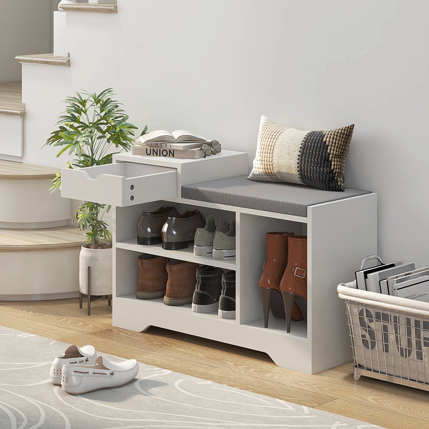 HOMCOM Shoe Storage Bench, Shoe Rack Bench with Seating Cushion, Drawer, 3 Open Compartments and Table Top for Entryway, Hallway, White
