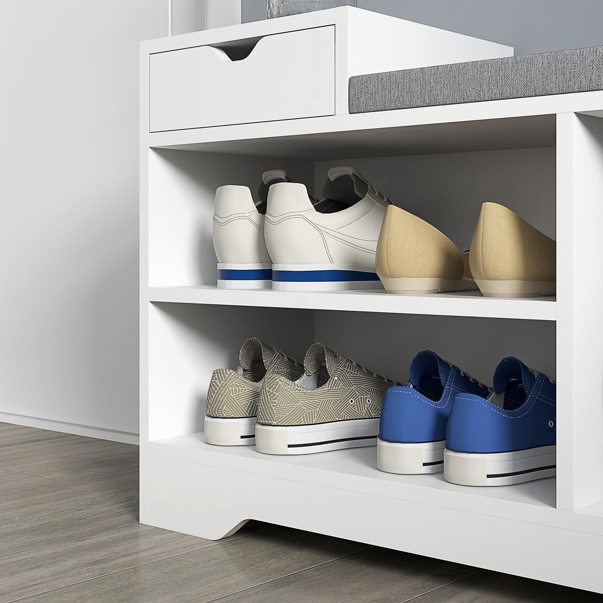 HOMCOM Shoe Storage Bench, Shoe Rack Bench with Seating Cushion, Drawer, 3 Open Compartments and Table Top for Entryway, Hallway, White