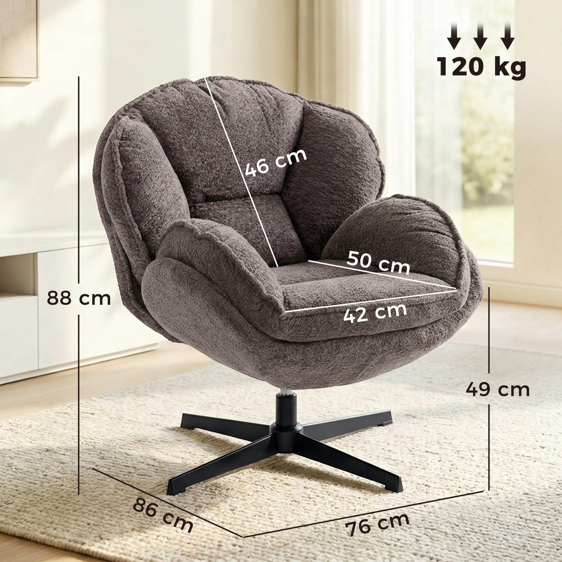 Modern Wingback Accent Chair, Velvet Armchair with 360° Swivel, Four-Star Base, S-Springs, Bedroom Chair for Living Room, Bedroom, Study, Grey