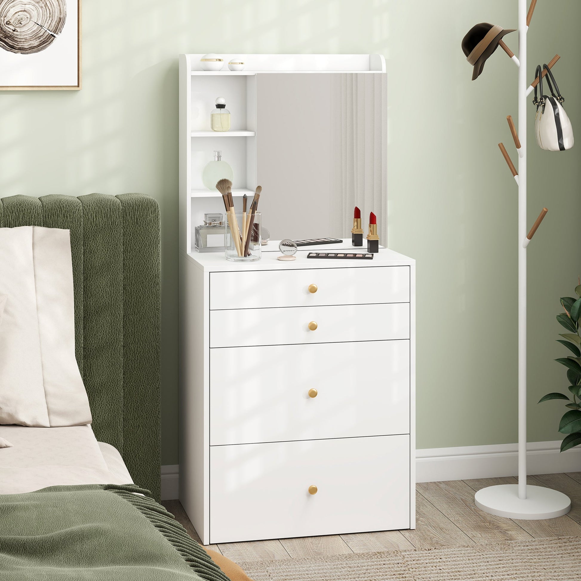 Dressing Table with Mirror and Mobile Storage Stool, Compact Vanity Table with Cabinet, Drawers, Open Shelves, Cushioned Seat, Modern Makeup Vanity Desk for Bedroom, White