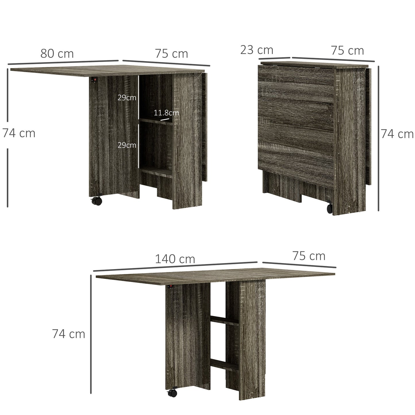 HOMCOM Folding Dining Table, Drop Leaf Table for Small Spaces with 2-tier Shelves, Small Kitchen Table with Rolling Casters, Grey