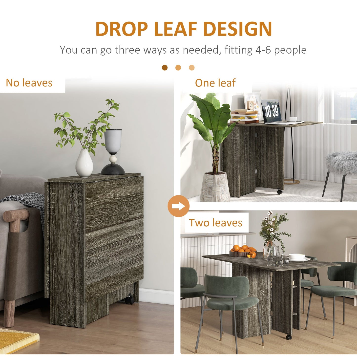 HOMCOM Folding Dining Table, Drop Leaf Table for Small Spaces with 2-tier Shelves, Small Kitchen Table with Rolling Casters, Grey