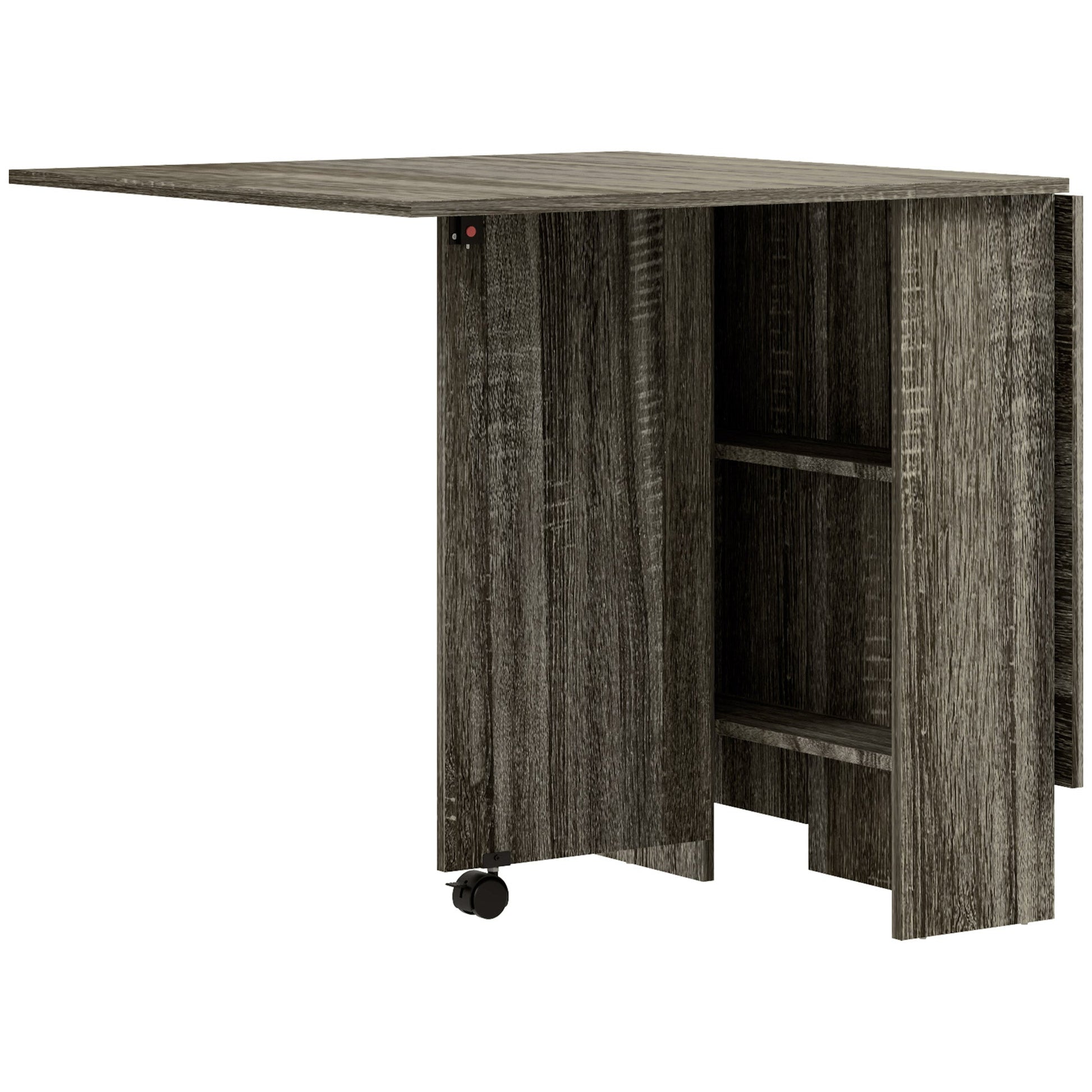 HOMCOM Folding Dining Table, Drop Leaf Table for Small Spaces with 2-tier Shelves, Small Kitchen Table with Rolling Casters, Grey