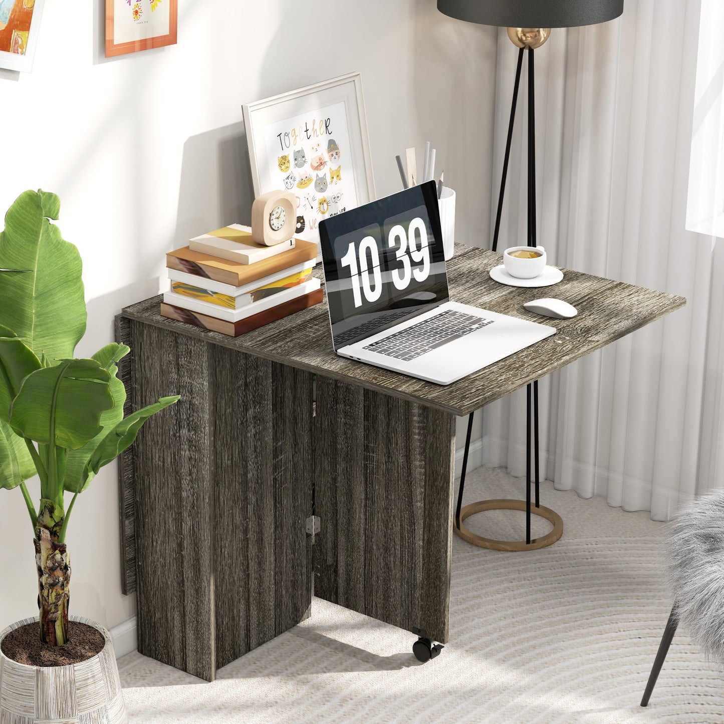 HOMCOM Folding Dining Table, Drop Leaf Table for Small Spaces with 2-tier Shelves, Small Kitchen Table with Rolling Casters, Grey