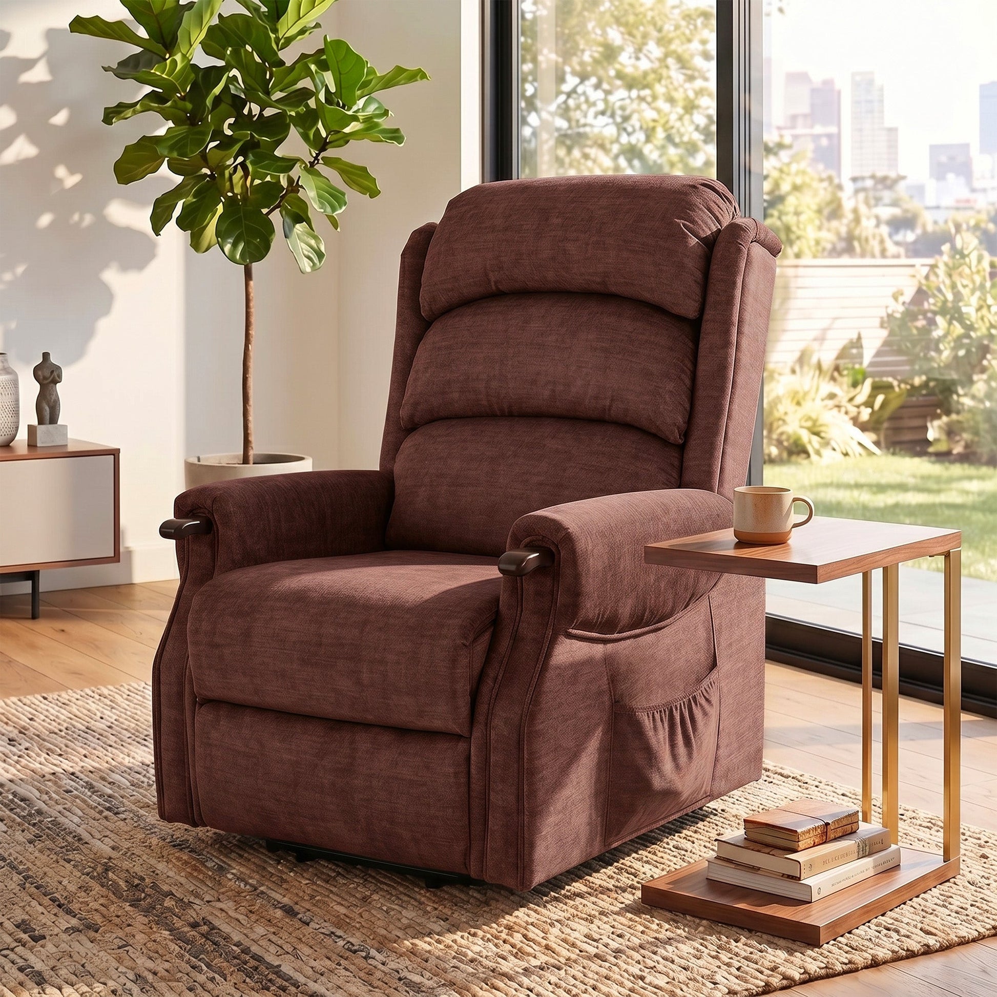 Power Lift Recliner Chair with Vibration Massage and Heat, Electric Lift Chair with Wood Grip, Pocket Spring, Fabric Riser and Reclining Armchair with Remote, Quick Assembly, Brown