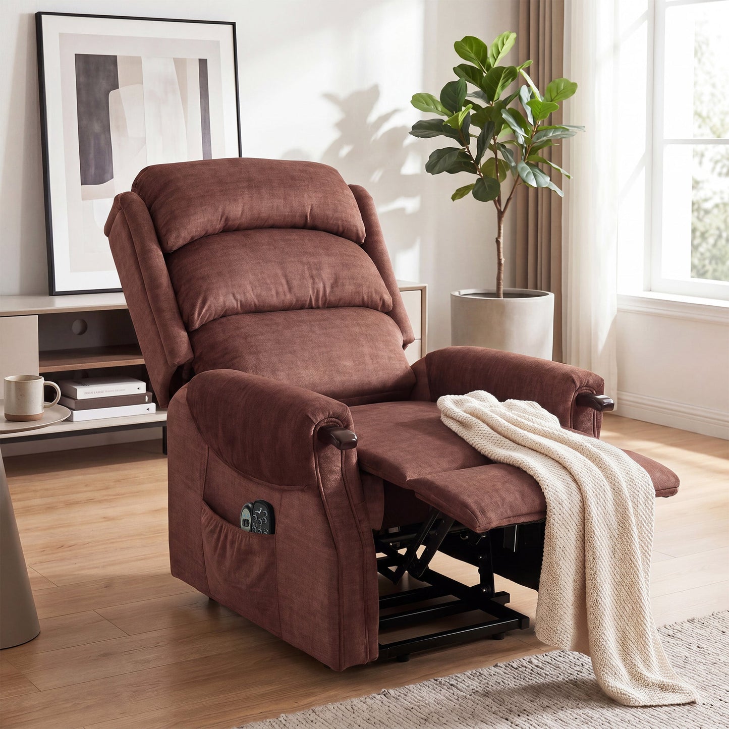 Power Lift Recliner Chair with Vibration Massage and Heat, Electric Lift Chair with Wood Grip, Pocket Spring, Fabric Riser and Reclining Armchair with Remote, Quick Assembly, Brown