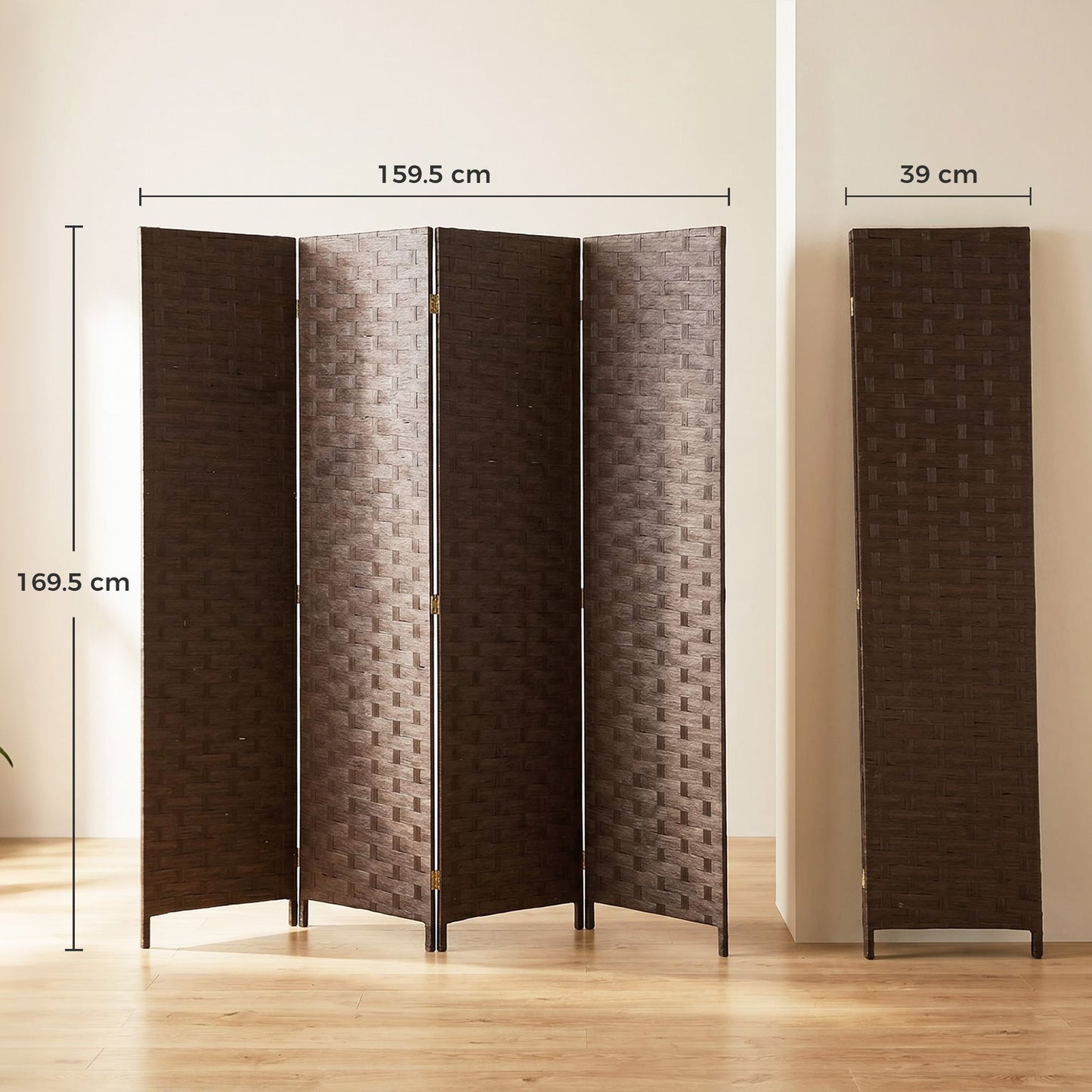 4-Panel Room Dividers, Wave Fibre Freestanding Folding Privacy Screen Panels, Partition Wall Divider for Indoor Bedroom Office, 170 cm, Dark Brown