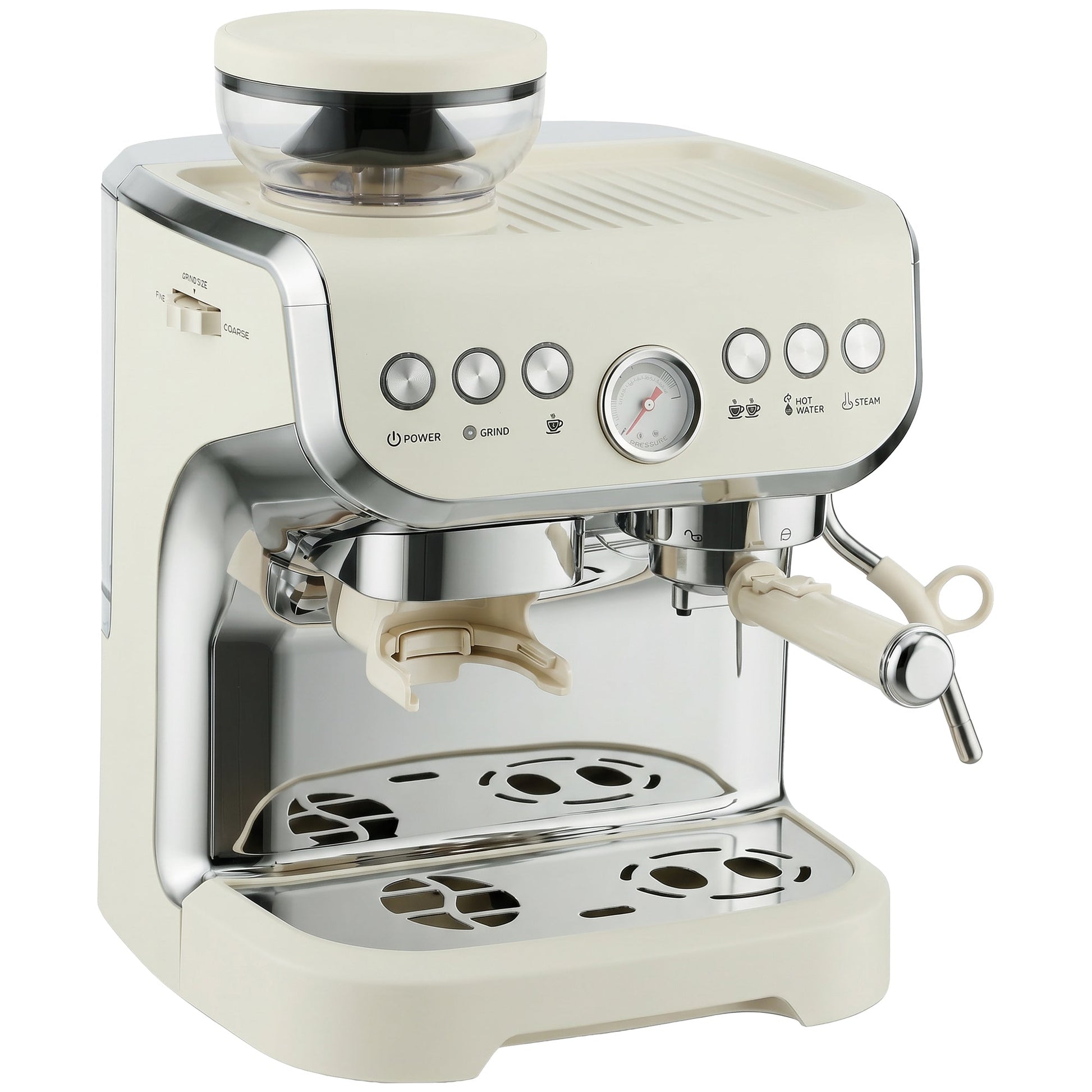 Espresso Machine with Integrated Bean Grinder & Steam Wand, Bean to Cup Coffee Machine with 15 Bar Italian Pump, 2L Water Tank, Cappuccino Maker, Stainless Steel, Cream White