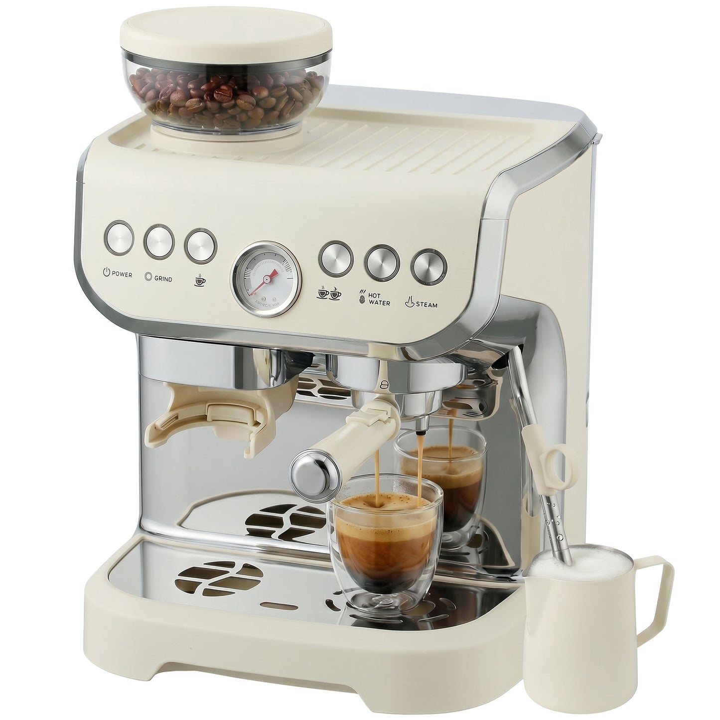 Espresso Machine with Integrated Bean Grinder & Steam Wand, Bean to Cup Coffee Machine with 15 Bar Italian Pump, 2L Water Tank, Cappuccino Maker, Stainless Steel, Cream White