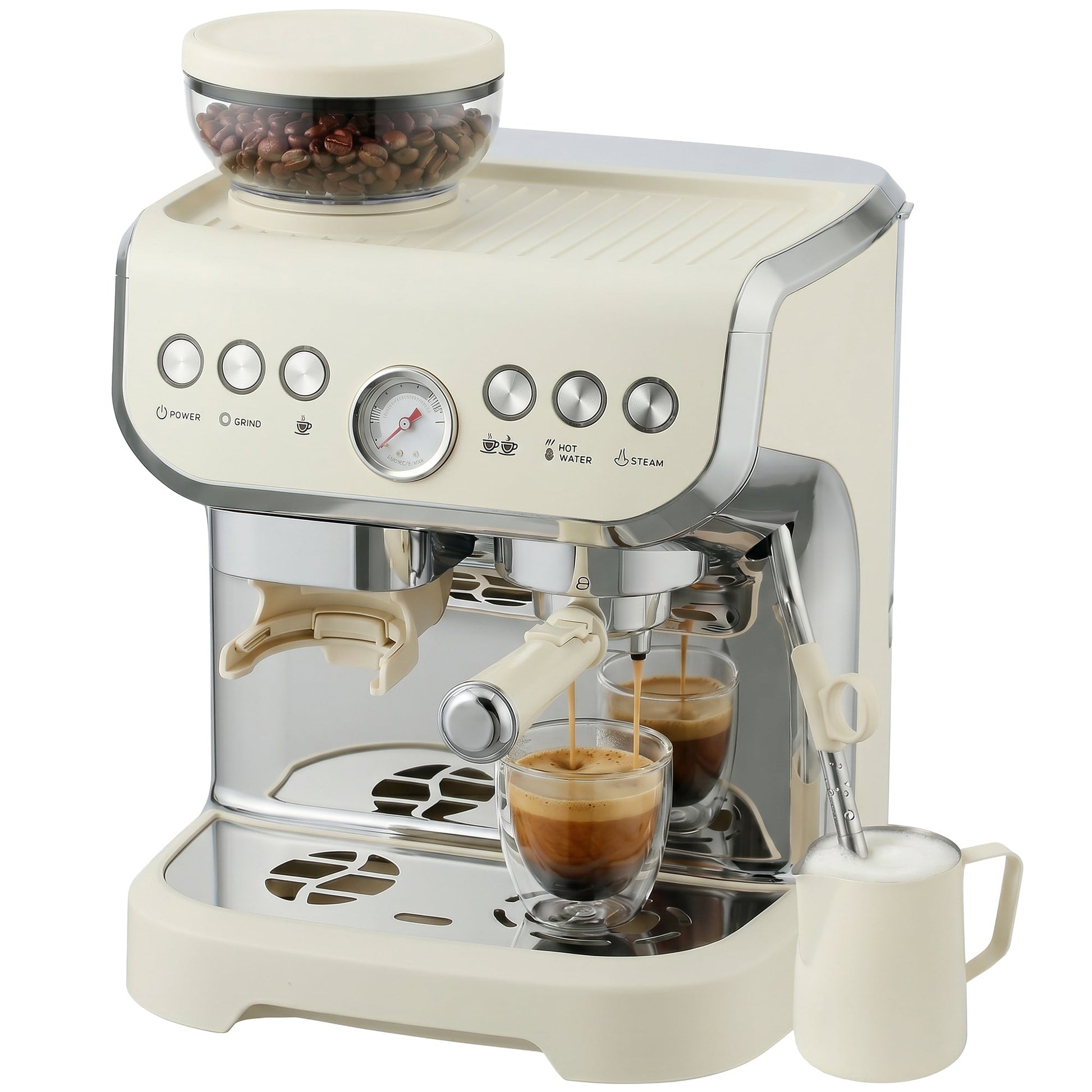 Espresso Machine with Integrated Bean Grinder & Steam Wand, Bean to Cup Coffee Machine with 15 Bar Italian Pump, 2L Water Tank, Cappuccino Maker, Stainless Steel, Cream White