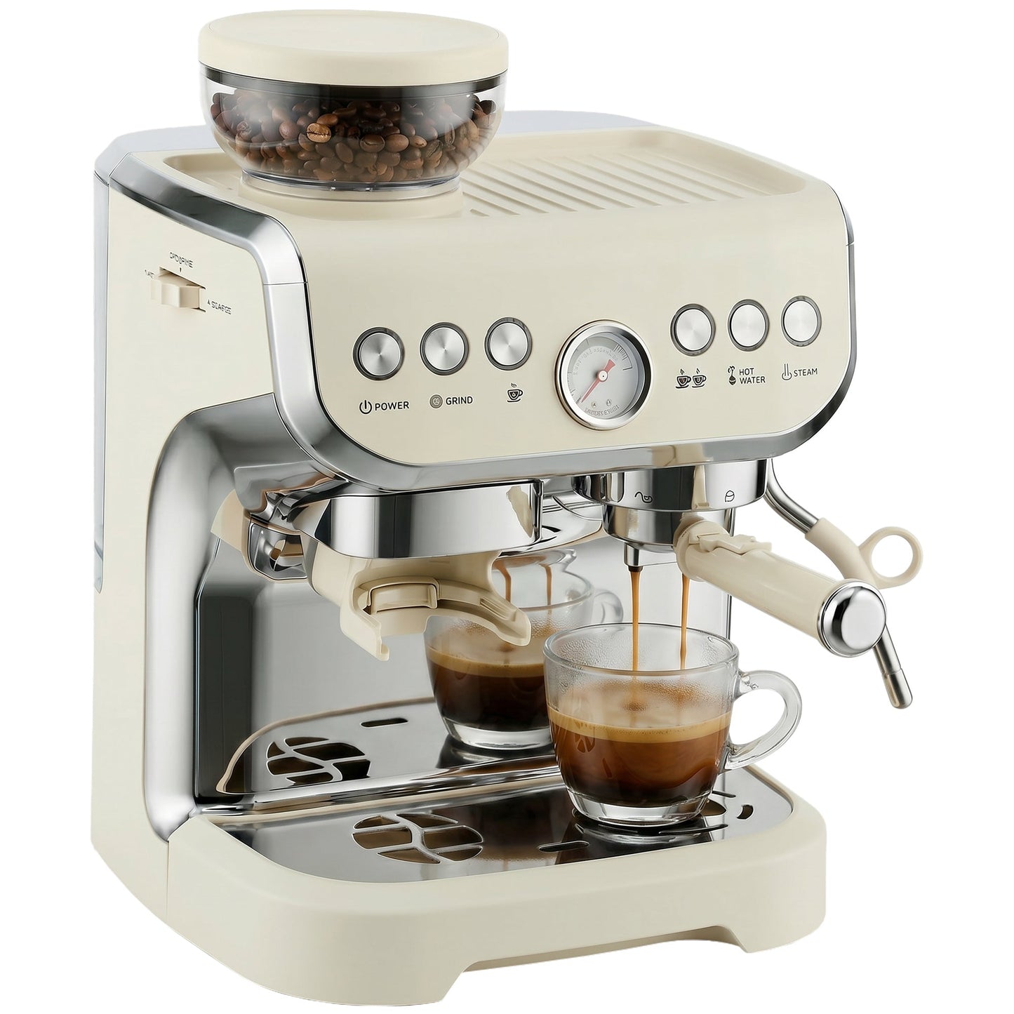 Espresso Machine with Integrated Bean Grinder & Steam Wand, Bean to Cup Coffee Machine with 15 Bar Italian Pump, 2L Water Tank, Cappuccino Maker, Stainless Steel, Cream White