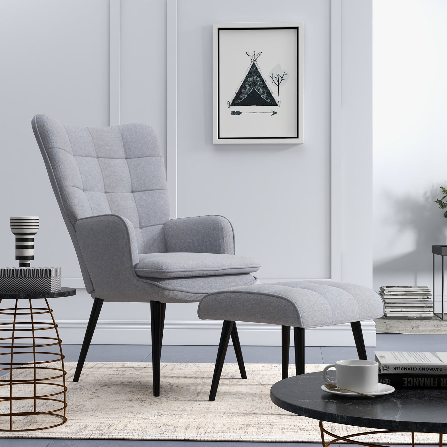 HOMCOM Armchair with Footstool, Living Room Chair, Linen Accent Chair for Bedroom, Home Study, Light Grey