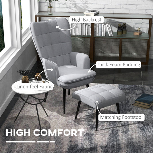 HOMCOM Armchair with Footstool, Living Room Chair, Linen Accent Chair for Bedroom, Home Study, Light Grey