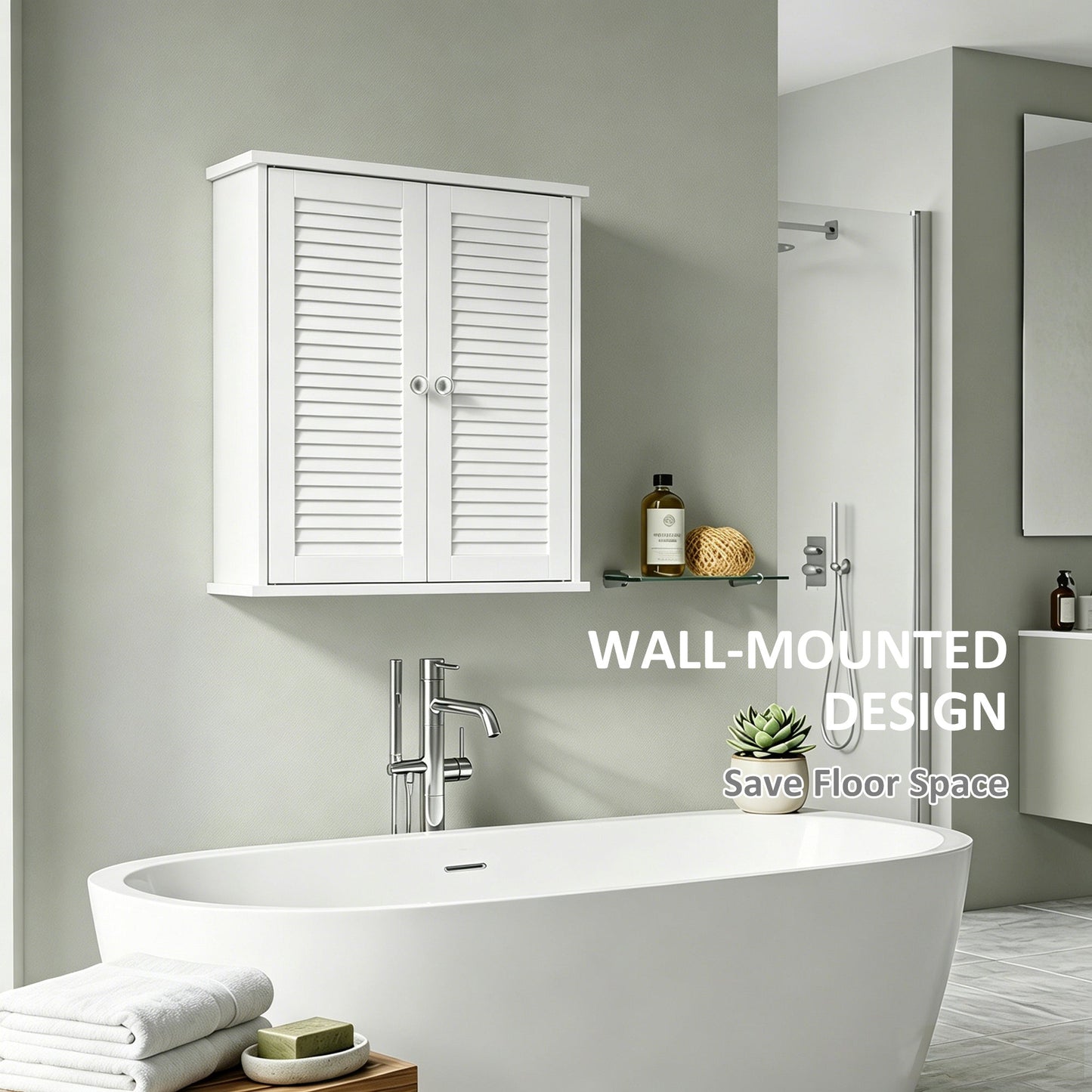 Bathroom Wall Cabinet, Wall-Mounted Over-The-Toilet Space Saver with Louvered Doors and Adjustable Shelf Storage for Kitchen, Living Room, White