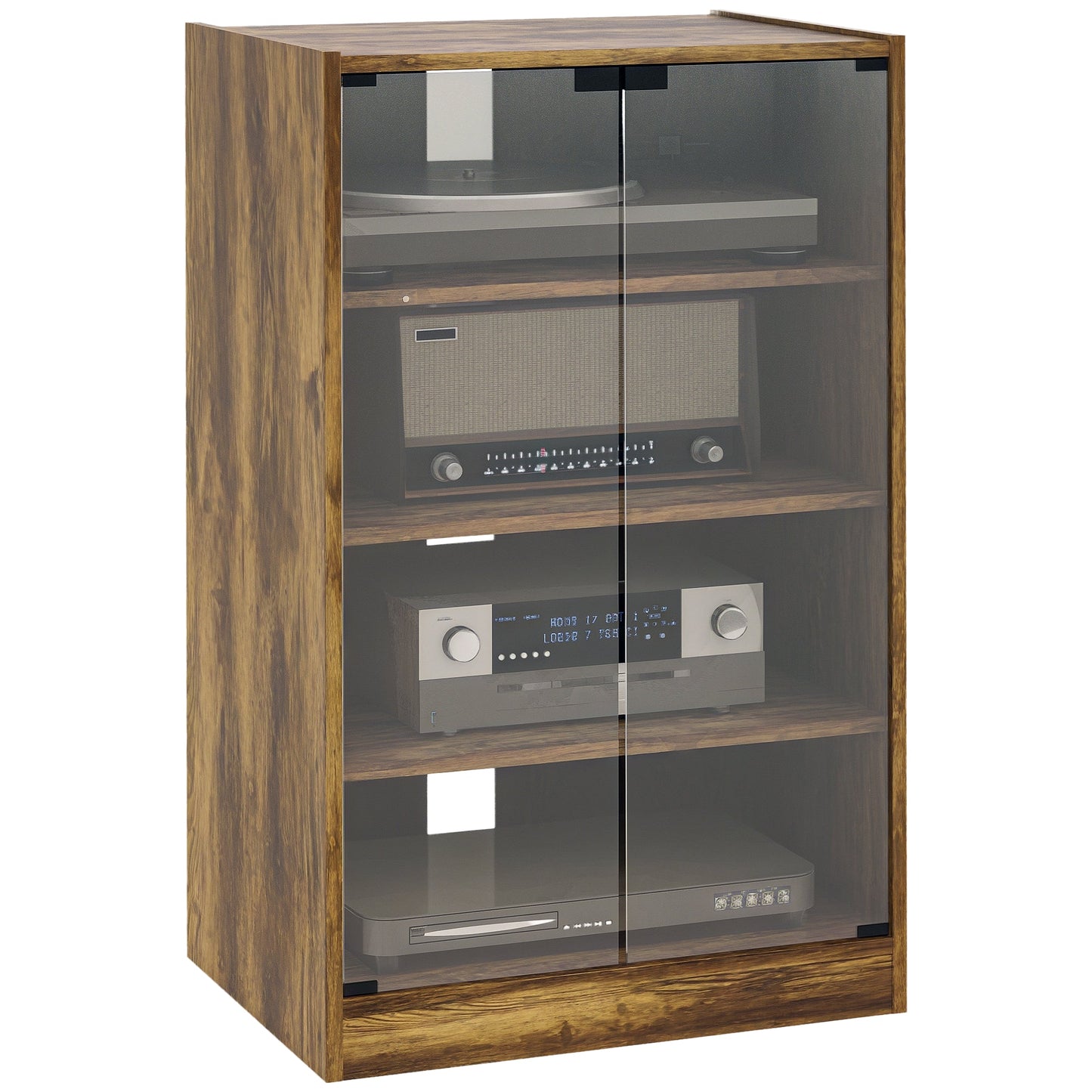 Record Player Stand with Storage, 4-Tier Hi-Fi Stand, Media Cabinet with Adjustable Shelves, Push-to-Open Glass Doors and Cable Management for Music Room and Living Room, Rustic Brown