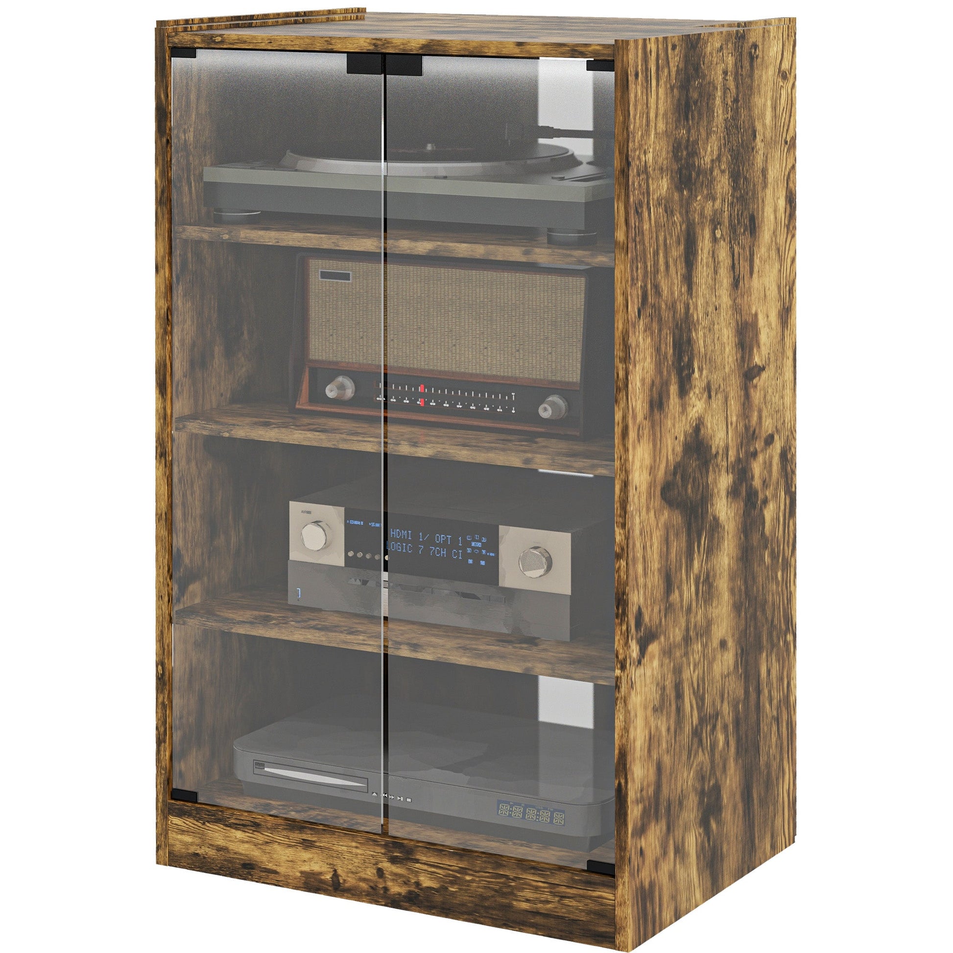 Record Player Stand with Storage, 4-Tier Hi-Fi Stand, Media Cabinet with Adjustable Shelves, Push-to-Open Glass Doors and Cable Management for Music Room and Living Room, Rustic Brown