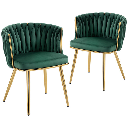 Velvet-Feel Dining Chairs Set of 2, Modern Upholstered Kitchen Chairs with Woven Backrest and Armrests, Metal Legs and Padded Seat for Dining Room, Bedroom, Living Room, Dark Green