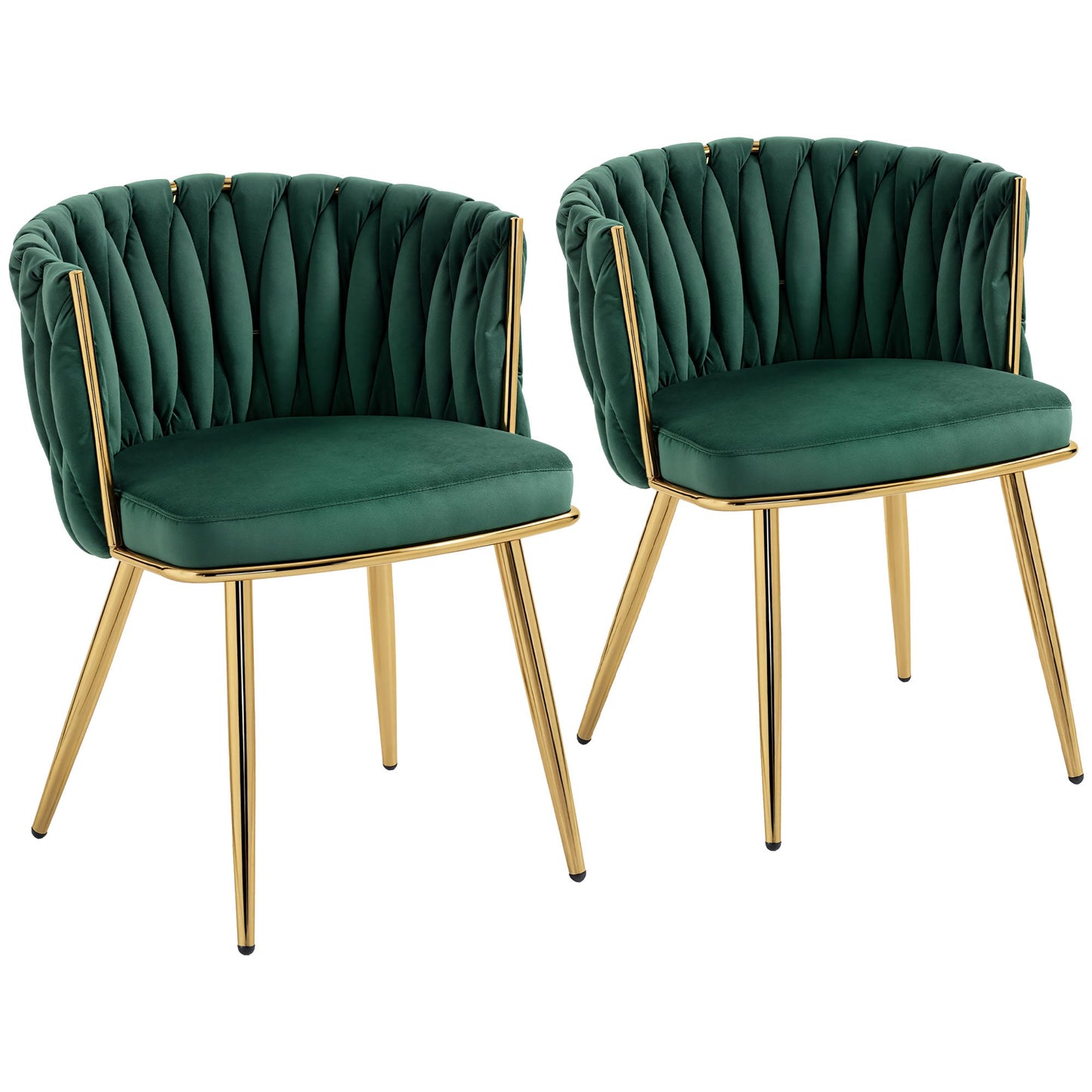 Velvet-Feel Dining Chairs Set of 2, Modern Upholstered Kitchen Chairs with Woven Backrest and Armrests, Metal Legs and Padded Seat for Dining Room, Bedroom, Living Room, Dark Green