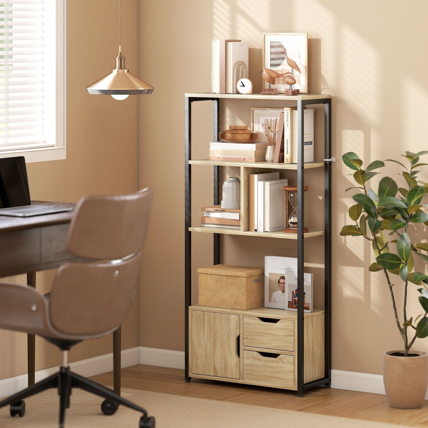Ladder Bookshelf, 4-Tier Bookcase with Cabinet and Drawers, Storage Shelves with Metal Frame for Living Room, Bedroom, Home Office, Natural Wood