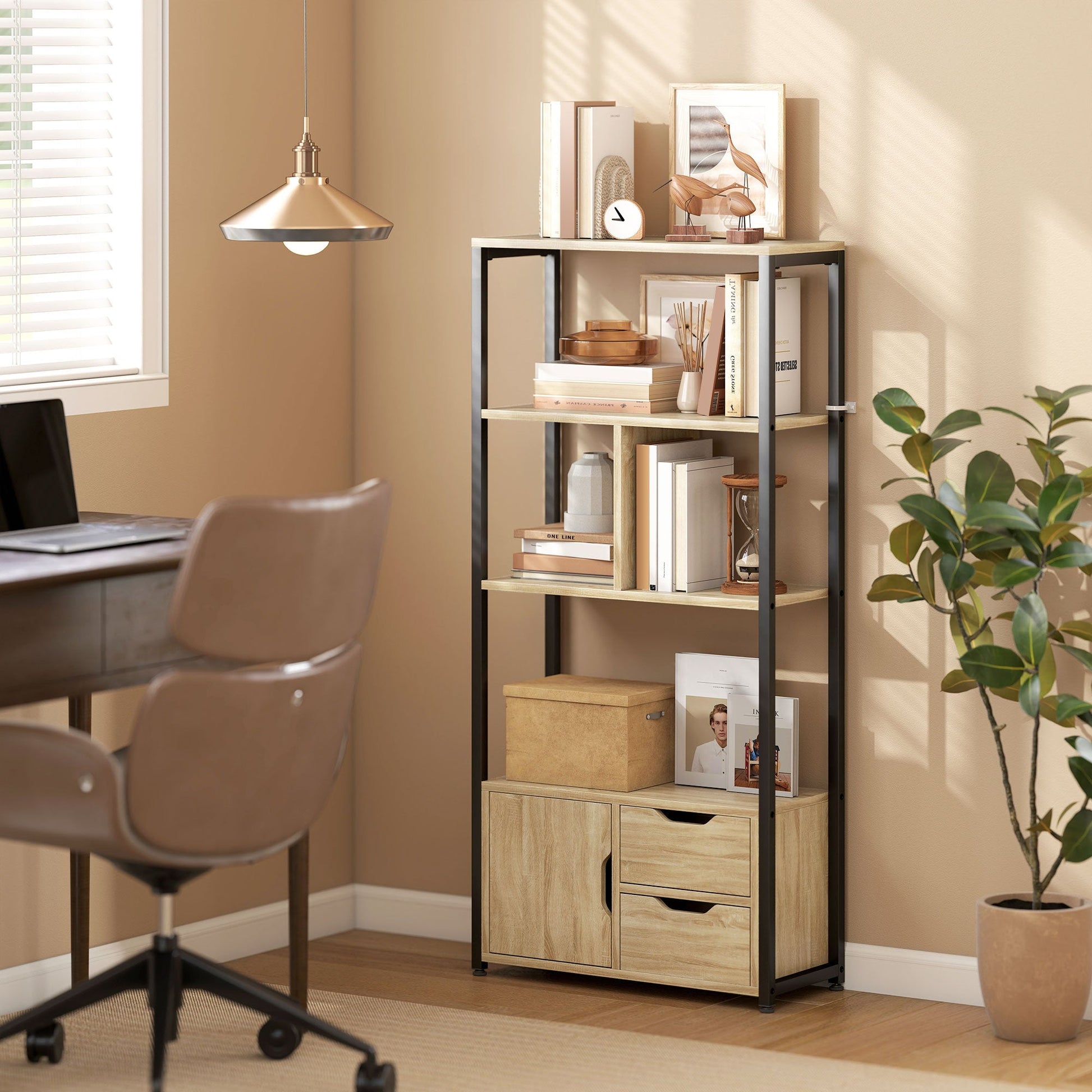 Ladder Bookshelf, 4-Tier Bookcase with Cabinet and Drawers, Storage Shelves with Metal Frame for Living Room, Bedroom, Home Office, Natural Wood