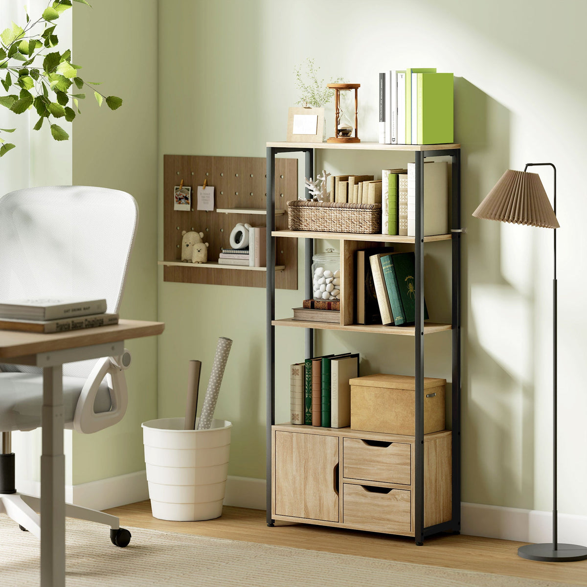 Ladder Bookshelf, 4-Tier Bookcase with Cabinet and Drawers, Storage Shelves with Metal Frame for Living Room, Bedroom, Home Office, Natural Wood