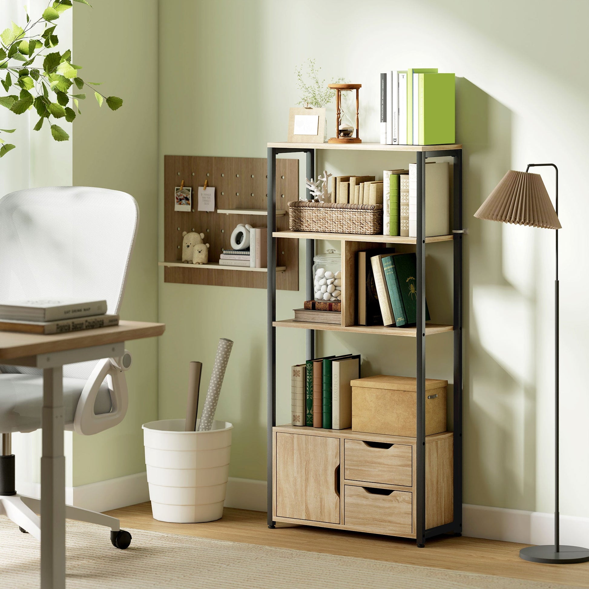 Ladder Bookshelf, 4-Tier Bookcase with Cabinet and Drawers, Storage Shelves with Metal Frame for Living Room, Bedroom, Home Office, Natural Wood