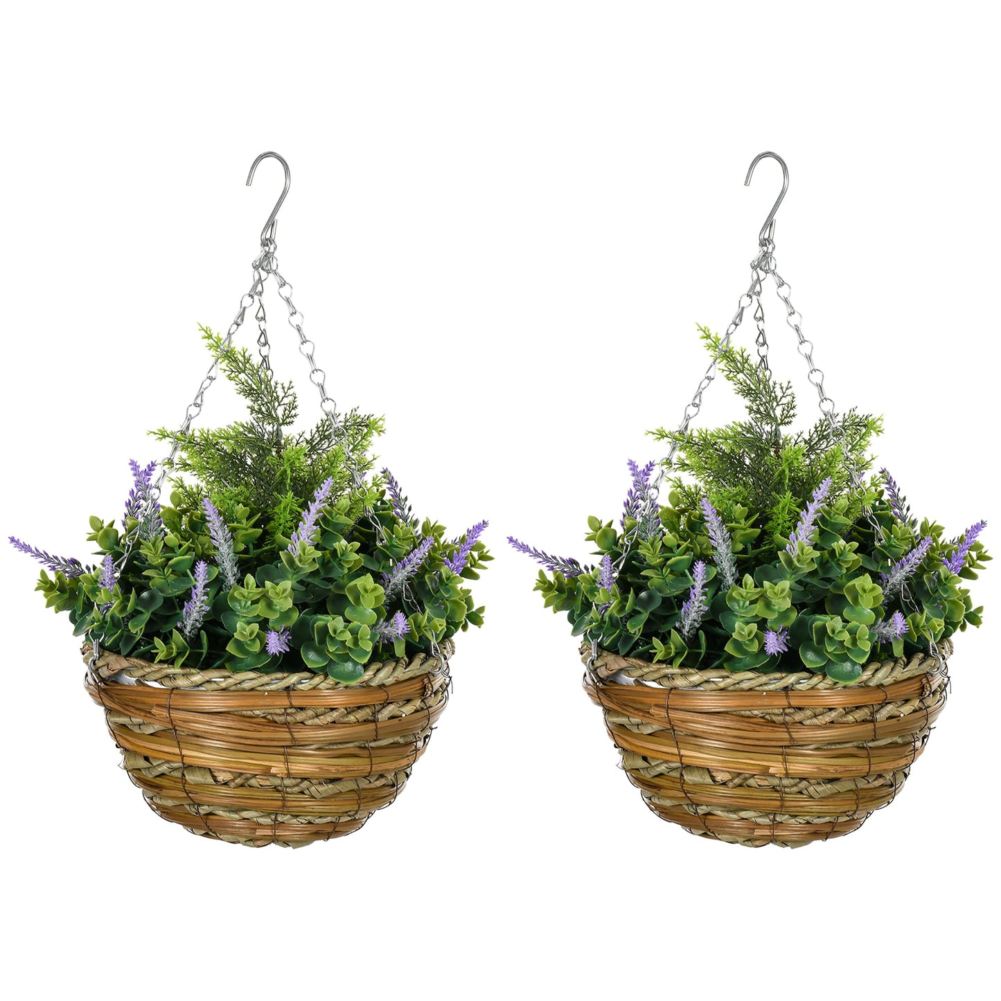 Outsunny Pack of 2 Faux Plant Artificial Lisianthus Flowers Hanging Planter with Basket for Indoor Outdoor Decoration, Purple