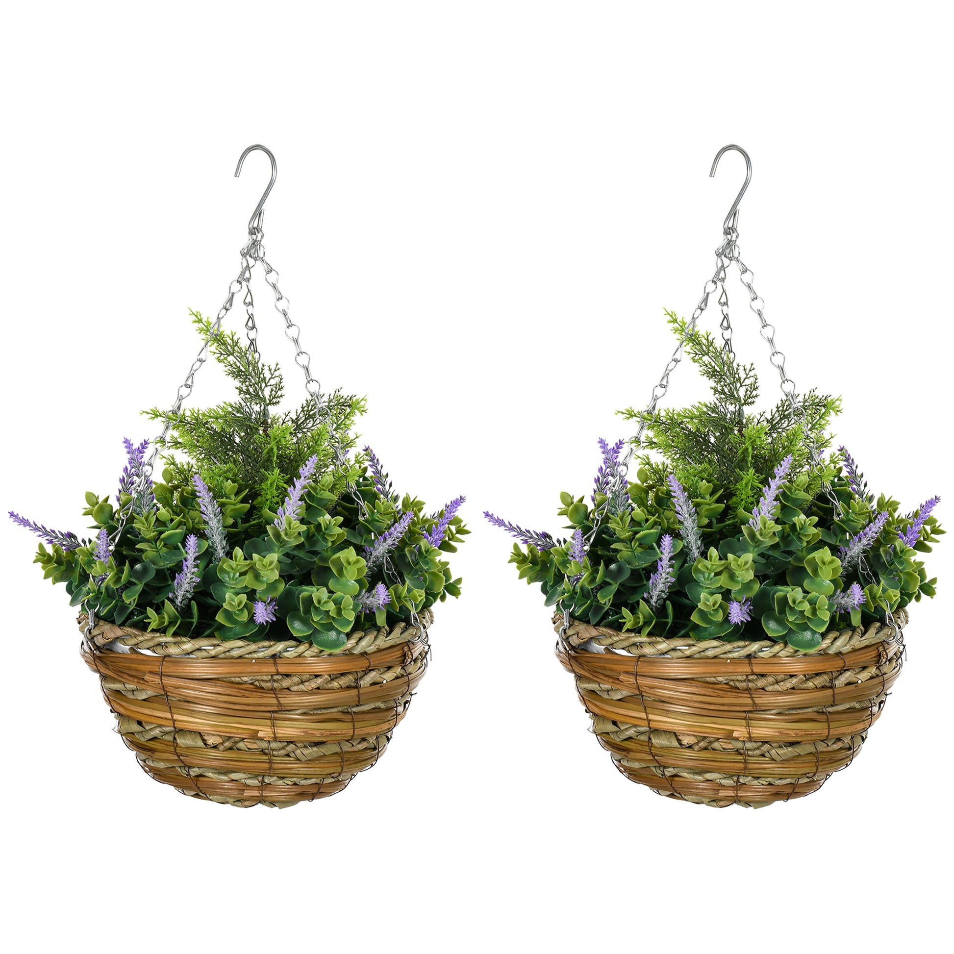Outsunny Pack of 2 Faux Plant Artificial Lisianthus Flowers Hanging Planter with Basket for Indoor Outdoor Decoration, Purple