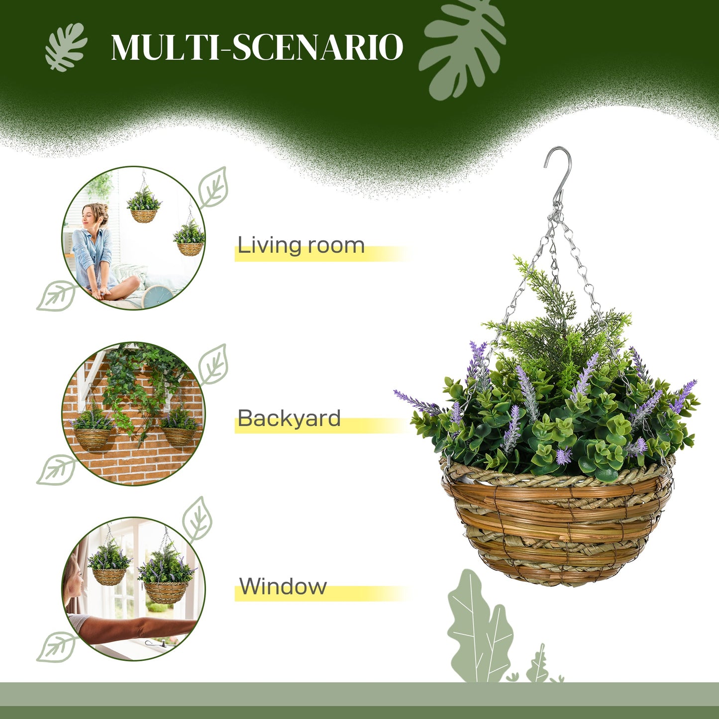 Outsunny Pack of 2 Faux Plant Artificial Lisianthus Flowers Hanging Planter with Basket for Indoor Outdoor Decoration, Purple