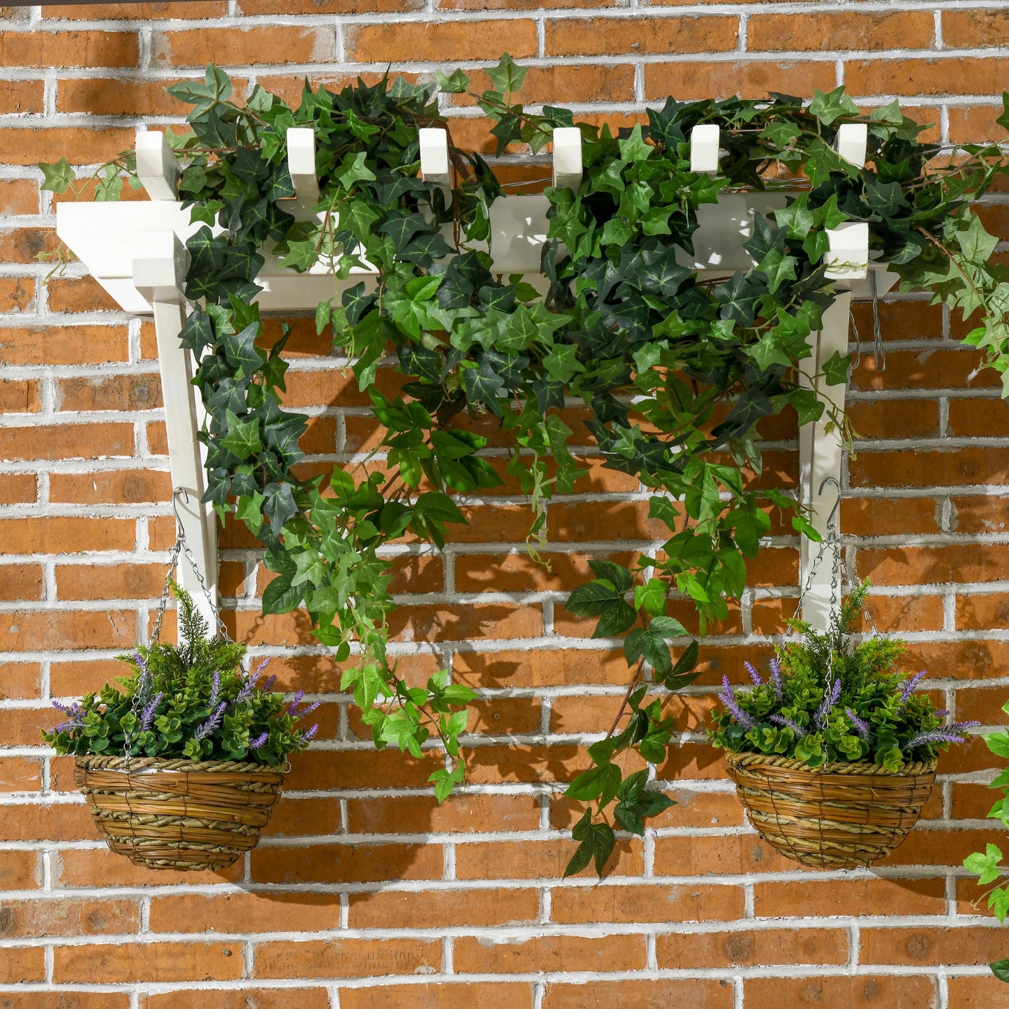 Outsunny Pack of 2 Faux Plant Artificial Lisianthus Flowers Hanging Planter with Basket for Indoor Outdoor Decoration, Purple
