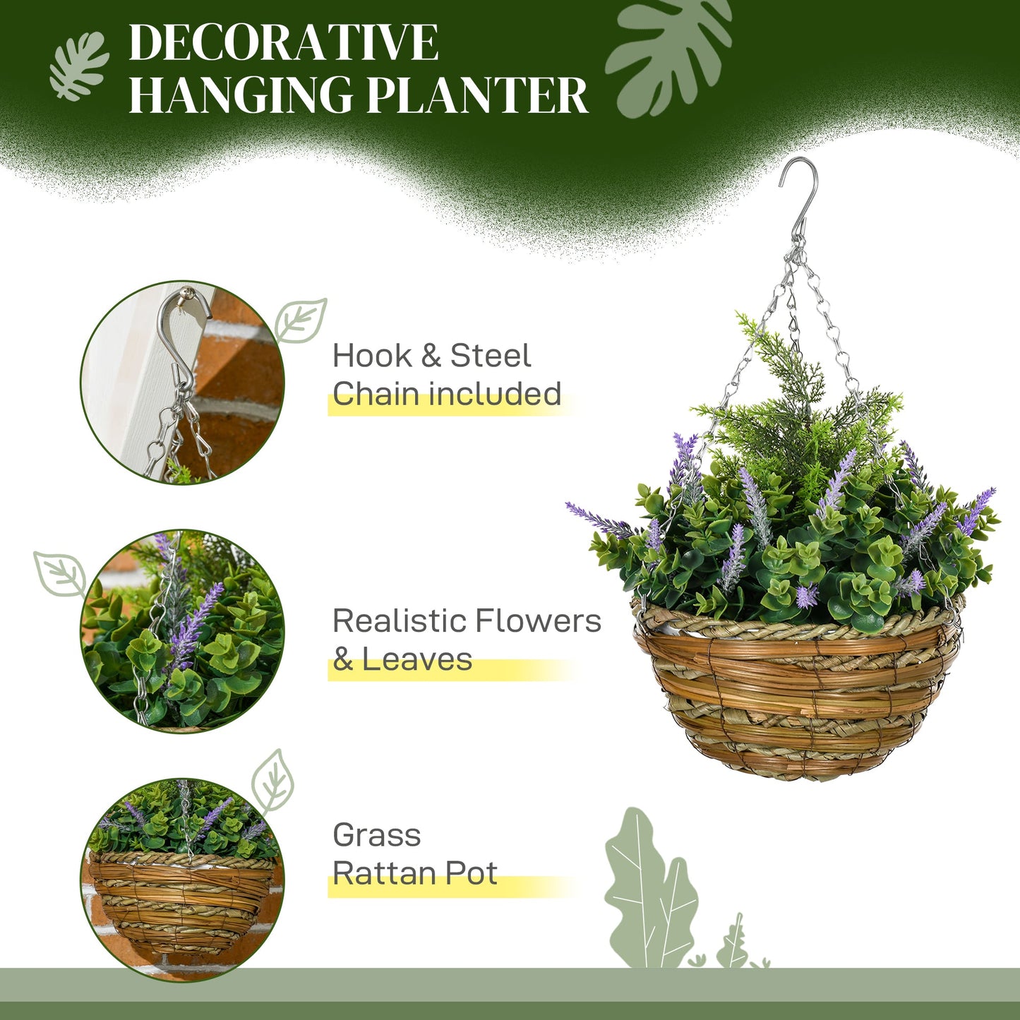 Outsunny Pack of 2 Faux Plant Artificial Lisianthus Flowers Hanging Planter with Basket for Indoor Outdoor Decoration, Purple
