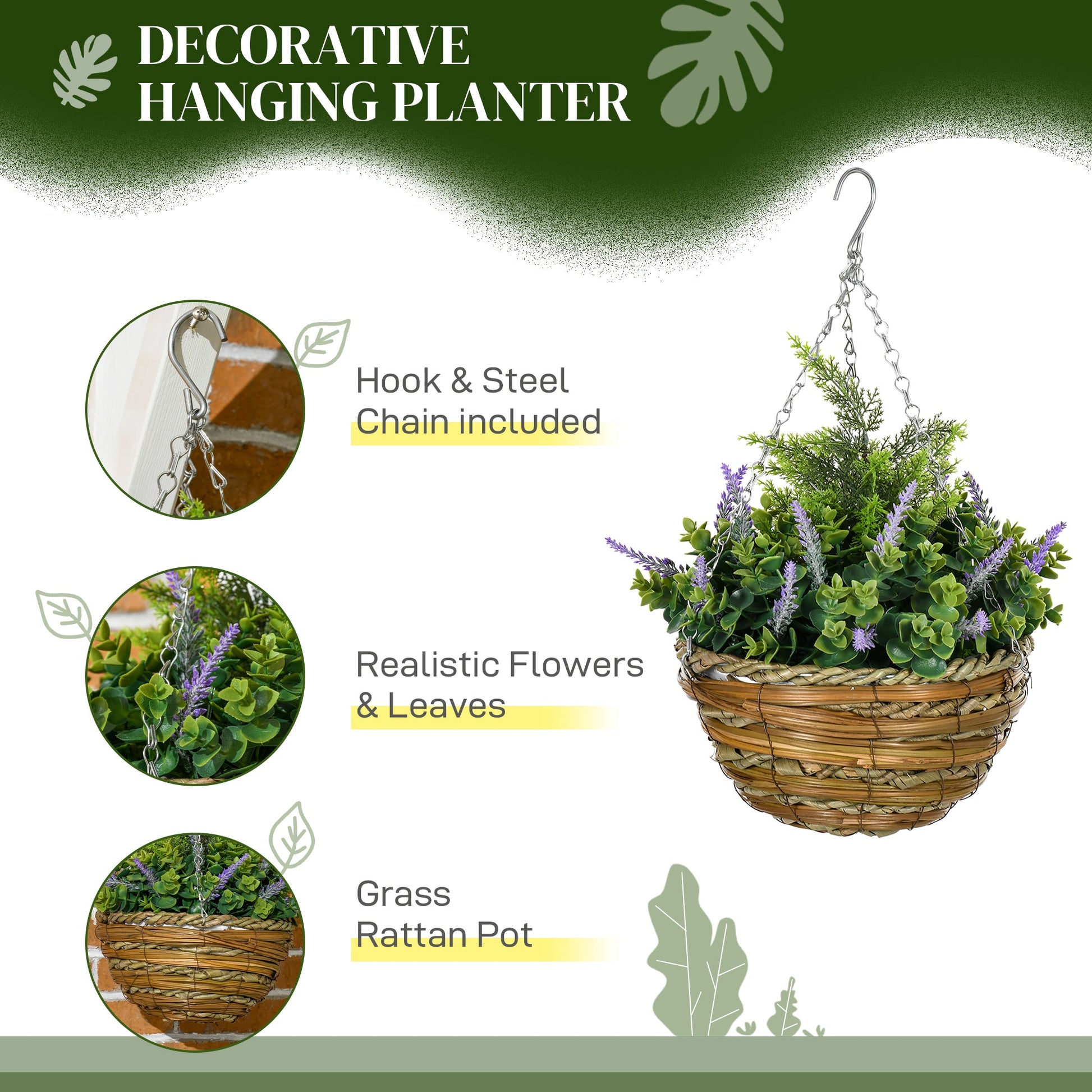 Outsunny Pack of 2 Faux Plant Artificial Lisianthus Flowers Hanging Planter with Basket for Indoor Outdoor Decoration, Purple