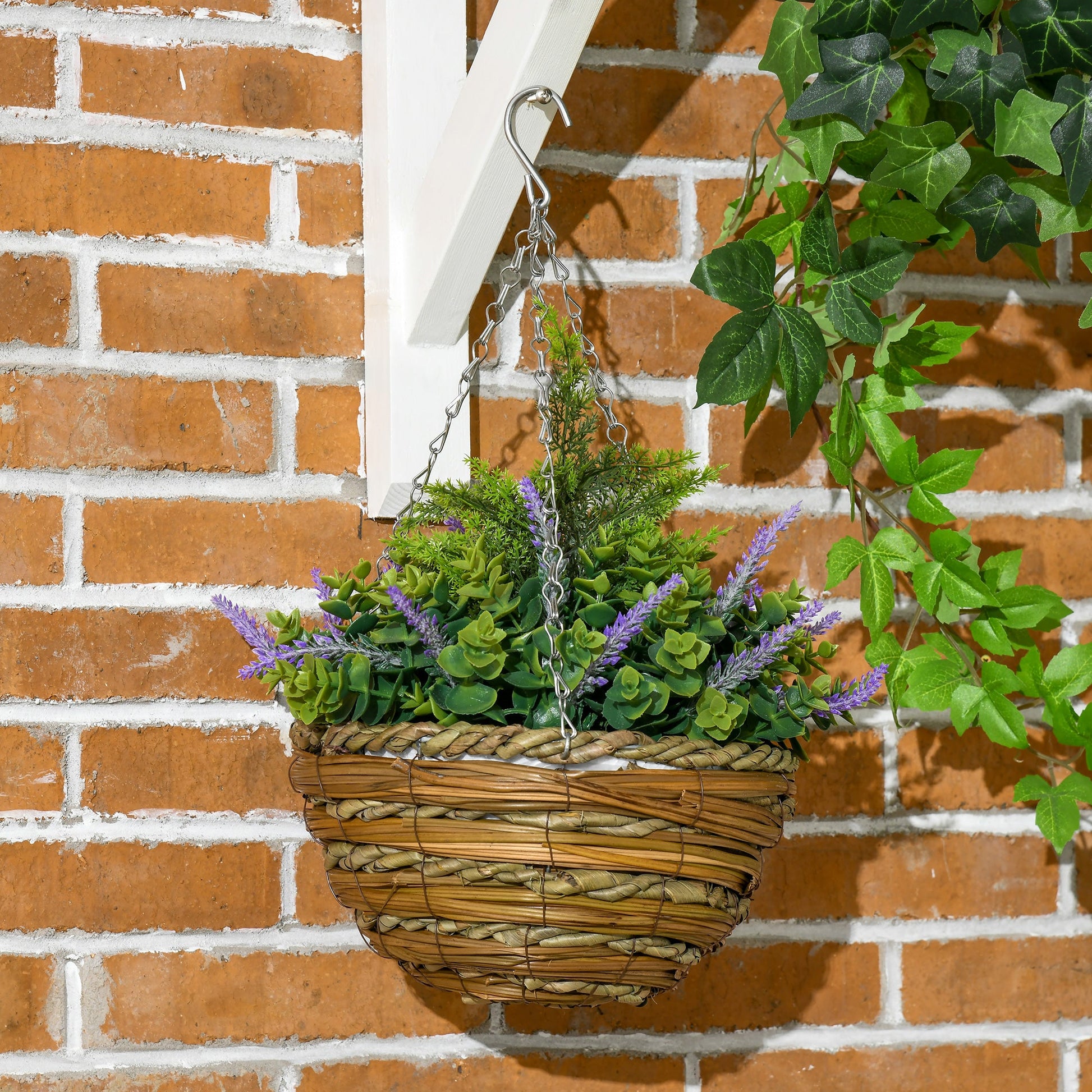 Outsunny Pack of 2 Faux Plant Artificial Lisianthus Flowers Hanging Planter with Basket for Indoor Outdoor Decoration, Purple